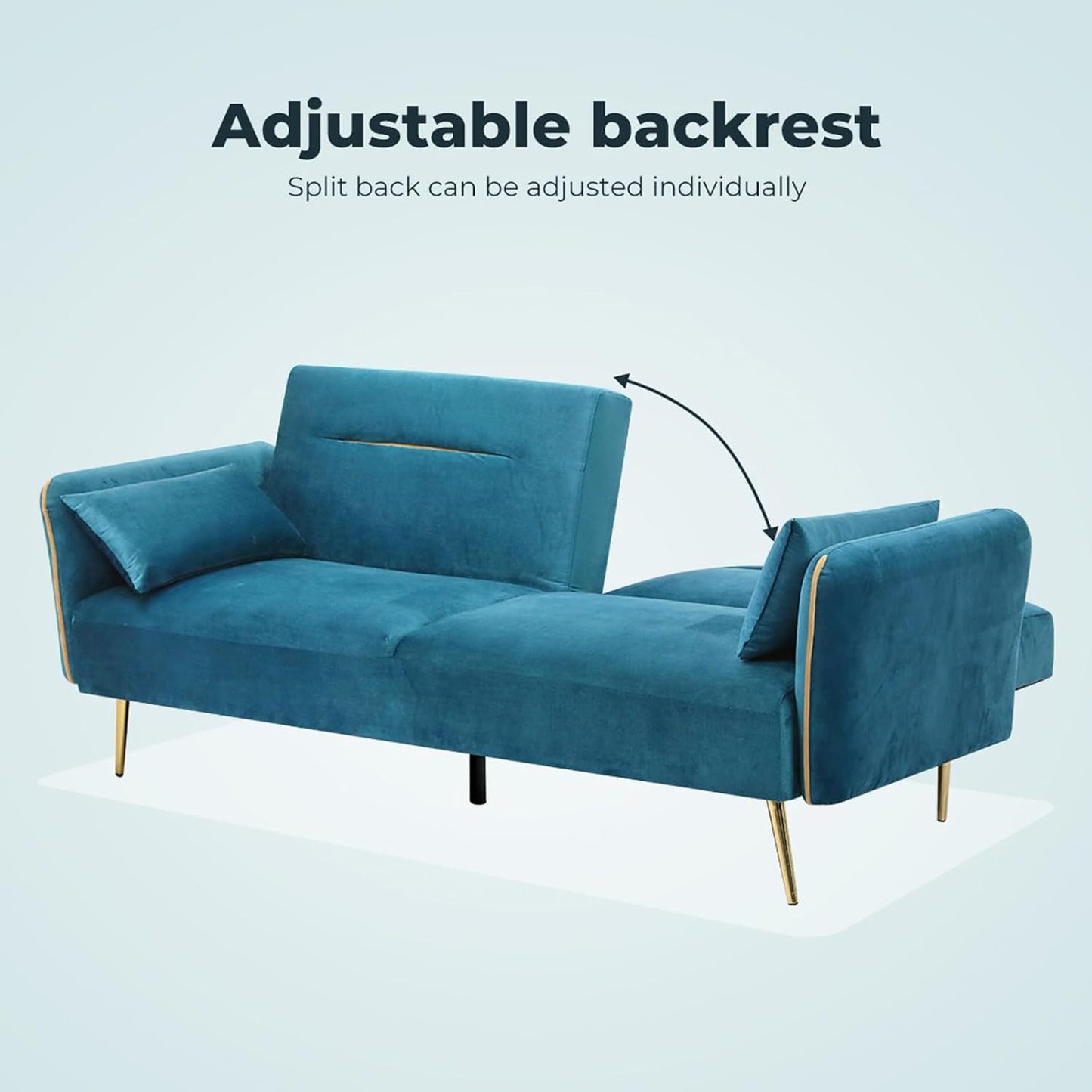 3 Seater Sofa Bed, Convertible Velvet Lounge Futon Couch with Recliner, Adjustable 3 Level Backrest with 2 Throw Pillow, Golden Legs for Small Spaces(198Cm X 80Cm X 83Cm, Peacock Blue)