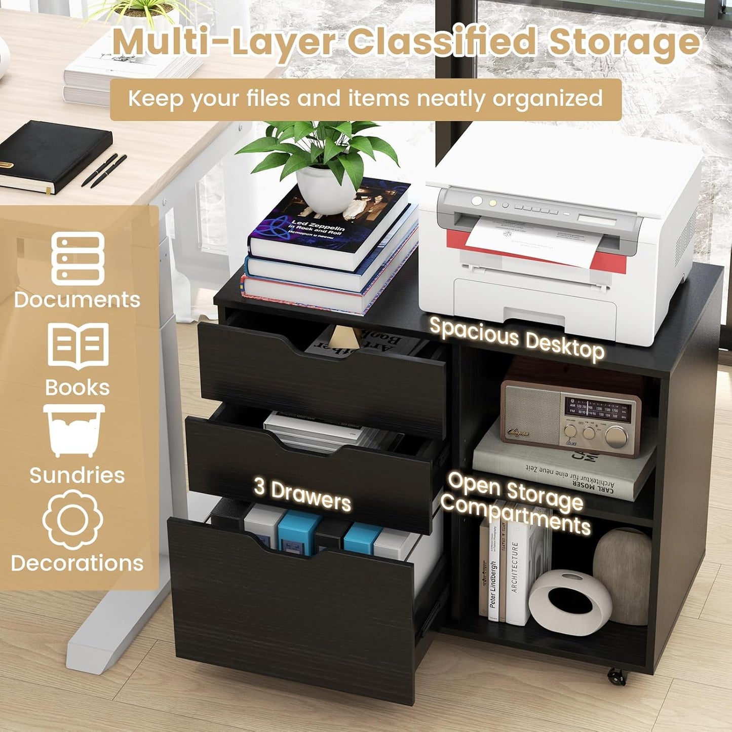 Giantex 3-Drawer File Cabinet, Mobile Printer Stand Cabinet with Adjustable Shelf, Rolling Lateral Filing Cabinet with Wheels for Letter, A4, Legal Size, for Home Office Organization (Black)