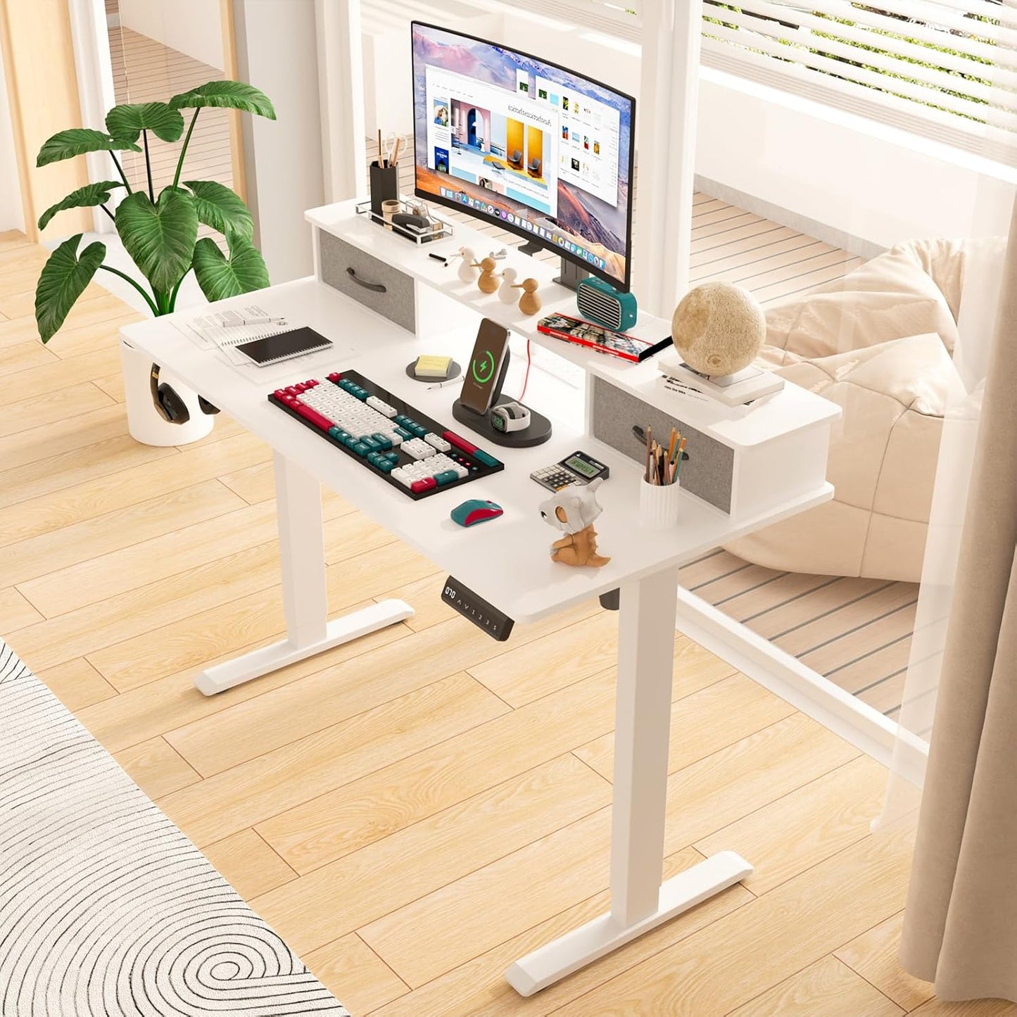 ADVWIN Electric Standing Desk with 2 Drawers, Adjustable Height Sit Stand up Desk with Storage Shelf, 120Cm Splice Board Walnut