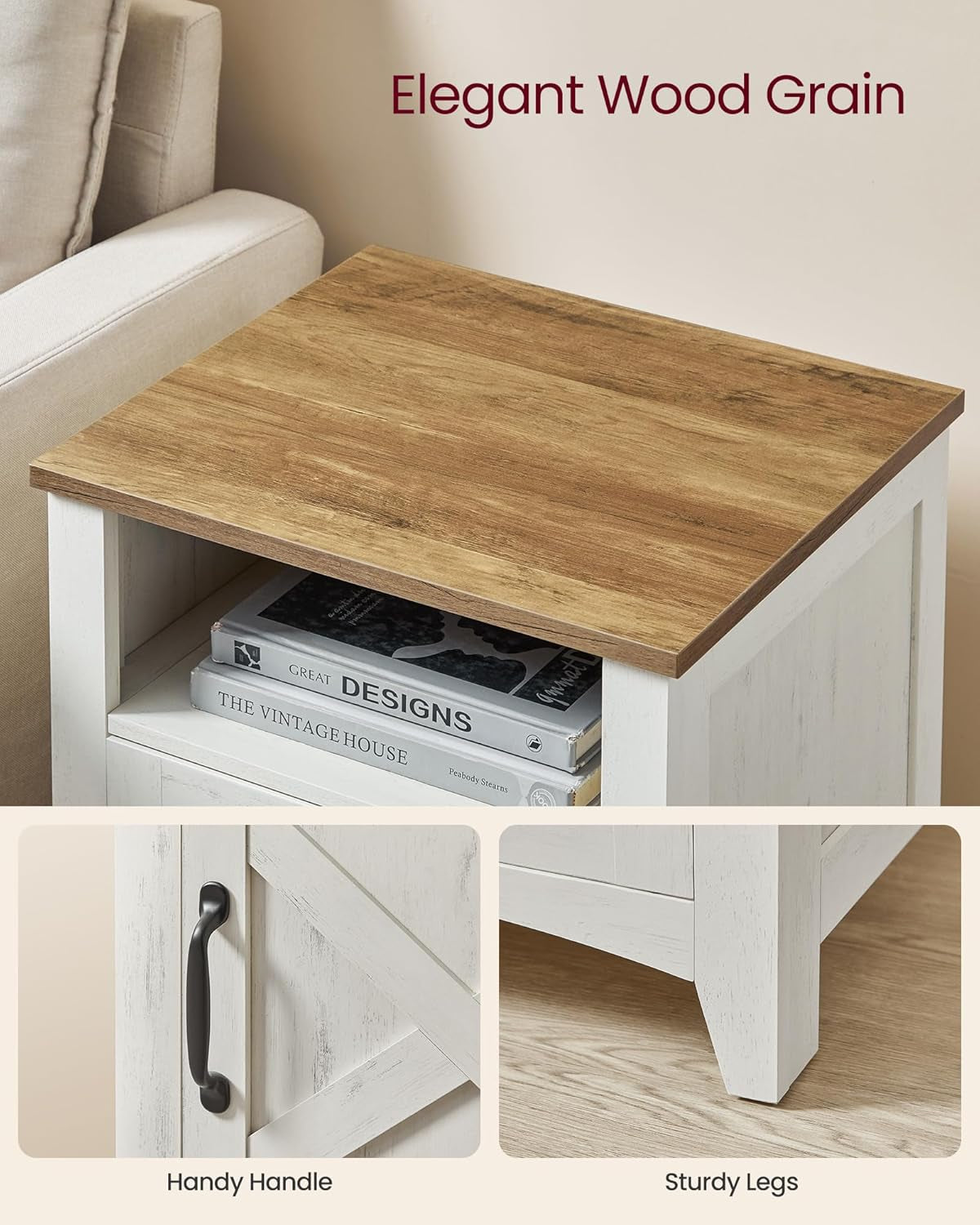 Farmhouse Nightstand with Barn Door, Set of 2, Bedside Table with Storage Rustic White and Honey Brown ULET809K41