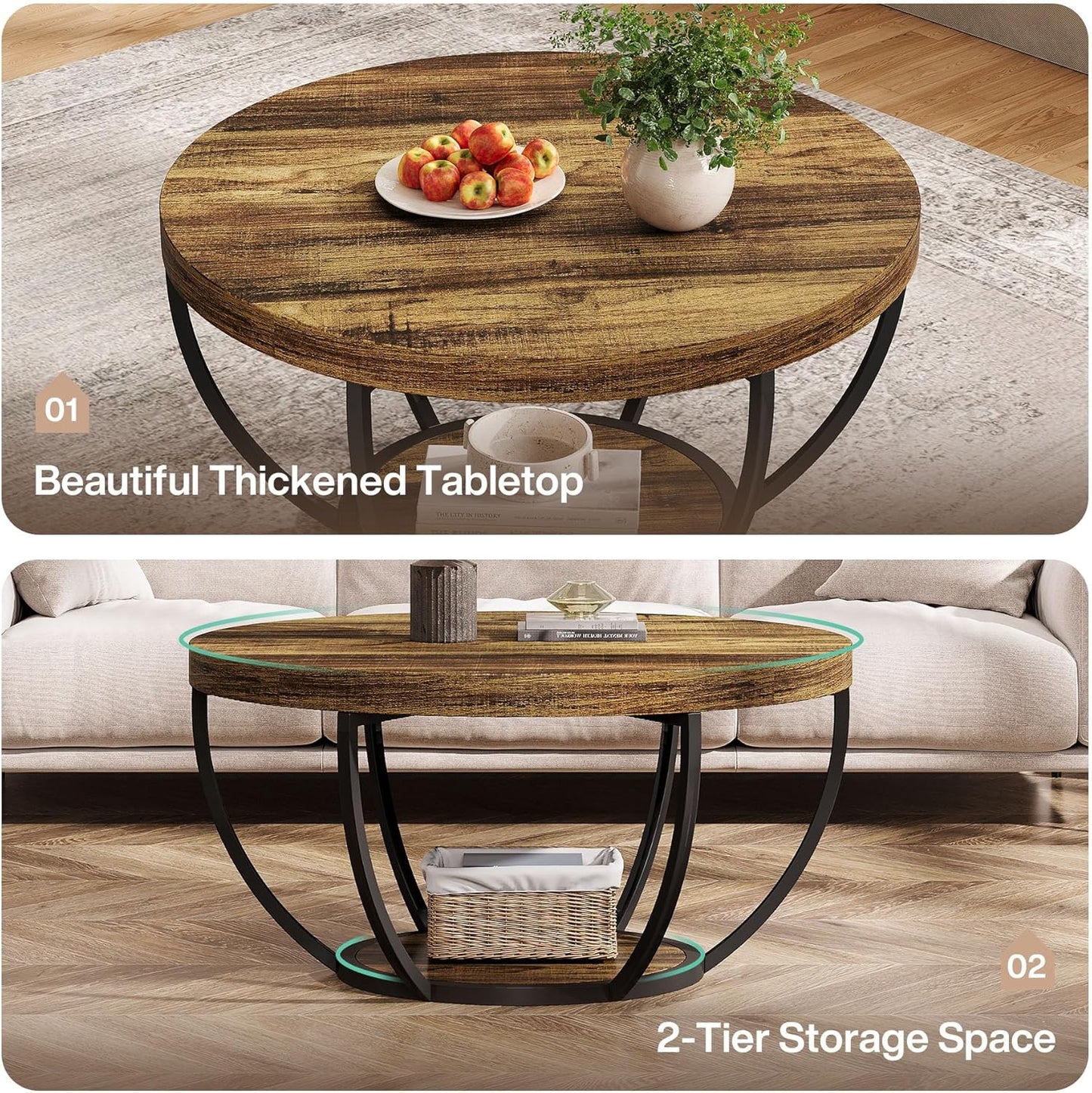 Round Coffee Table, 80Cm Wooden 2-Tier Circle Coffee Table Storage, Modern Low Coffee Table, Rustic Brown