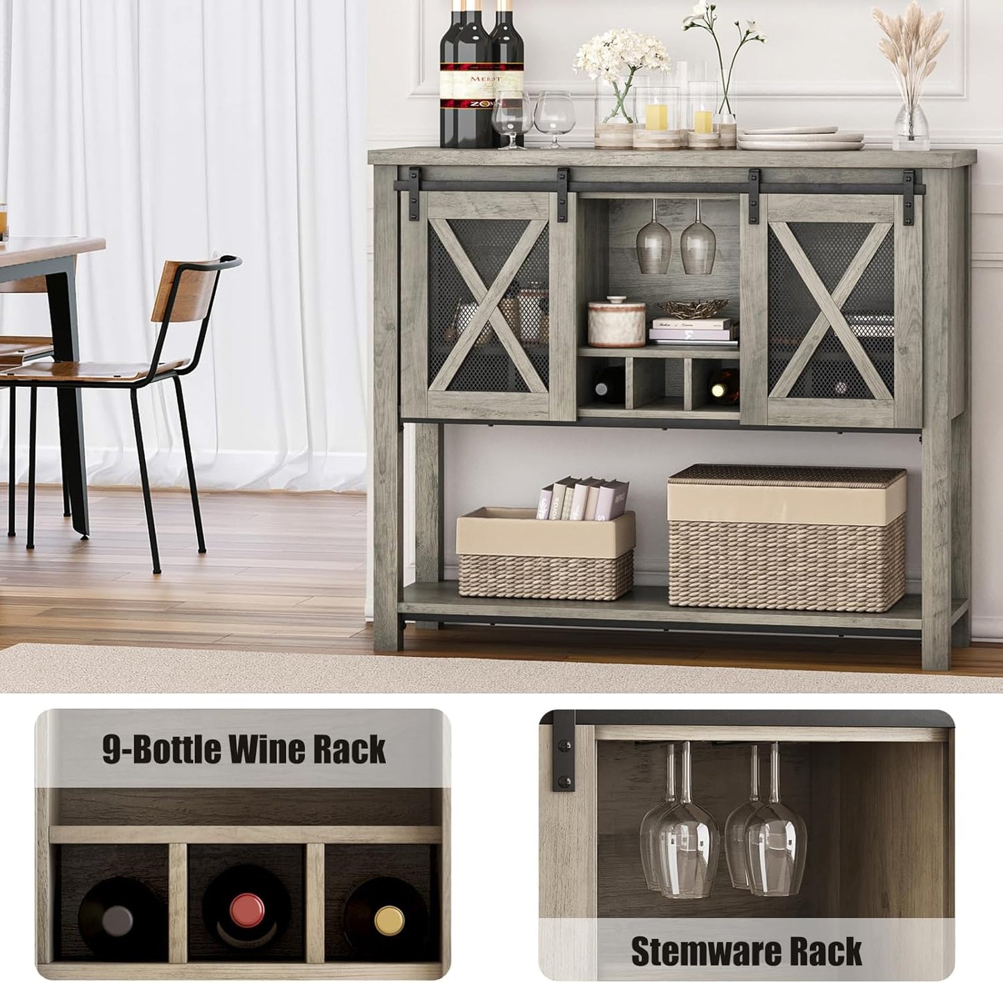 Coffee Bar Cabinet, Sideboard Buffet Storage Cabinet with Storage, Farmhouse Wine Bar Cabinet with Wine Glass Rack, Liquor Cabinet Bar for Home, Kitchen, Dining, Living Room, Grey