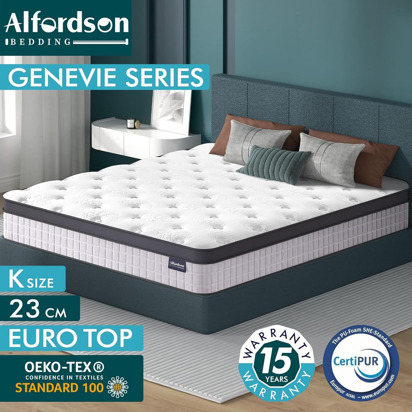 ALFORDSON King Size Mattress with Euro Top, 23Cm Thick, Memory Foam and Bonnell Spring System for Bed Frame Bed Base, Medium Firm, Genevie Series