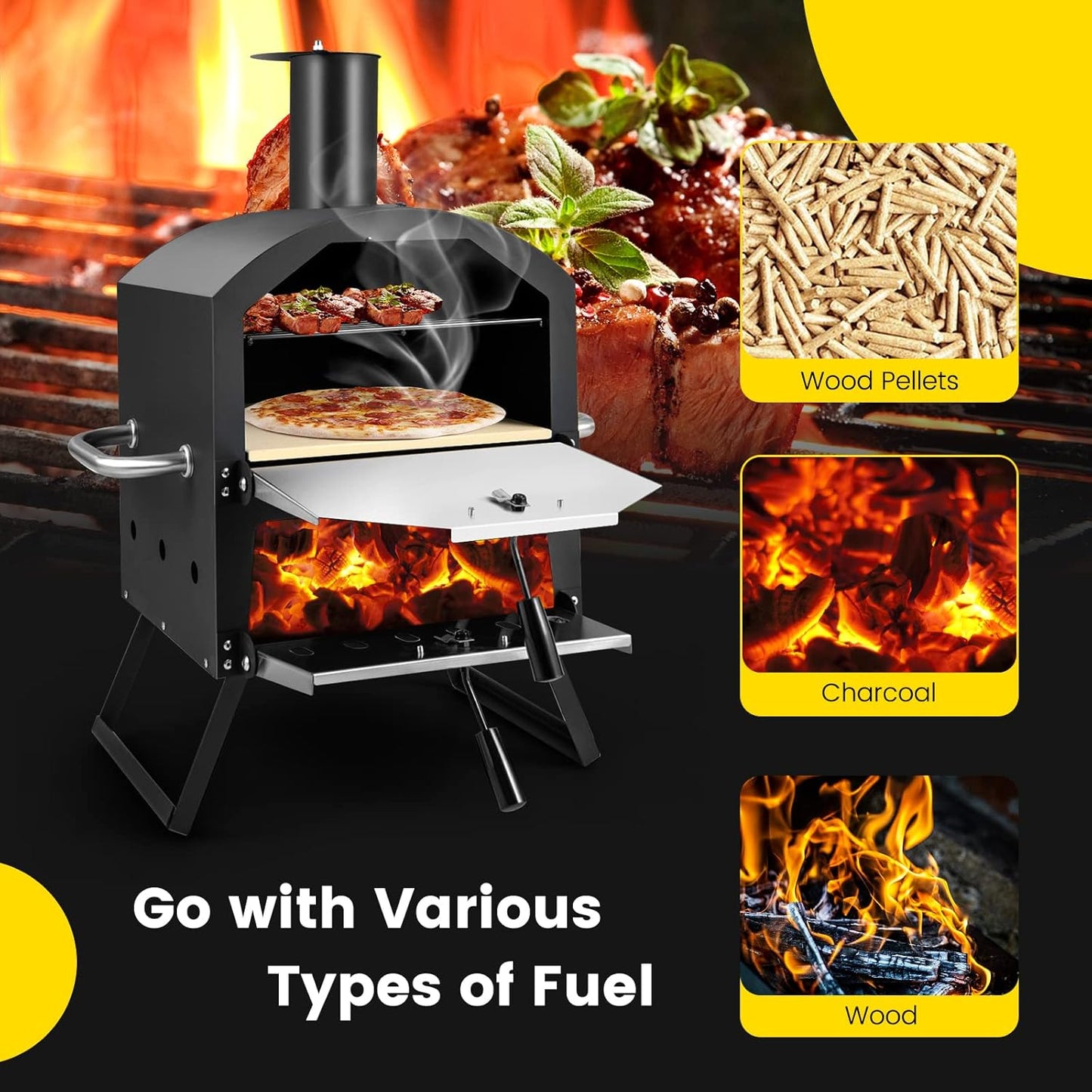 Portable Pizza Oven, Multi-Fuel Outdoor Pizza Maker W/Folding Legs & Portable Handles, 2-Tier Design, Adjustable Air Vents, Wood Fired Pizza Stove W/Pizza Stone, Pizza Peel, Waterproof Cover