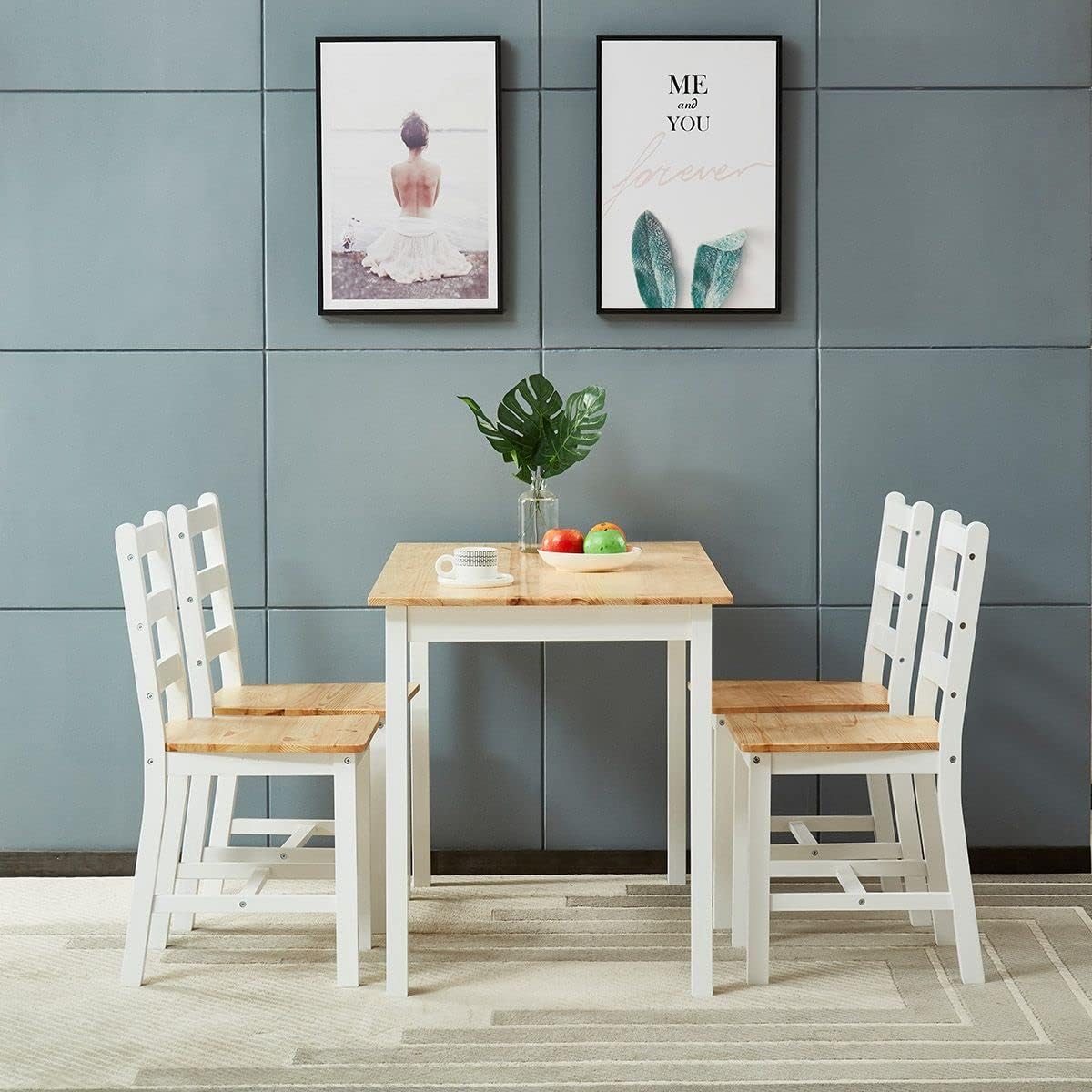 Wooden Dining Table Rectangular and 4 Chairs 5-Piece Wood Kitchen Furniture Set Dining Room Oak & White