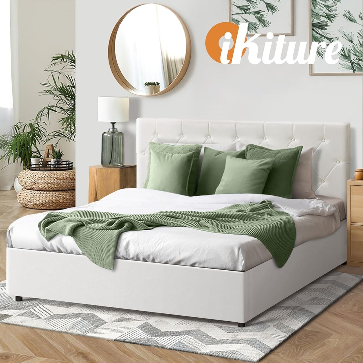 Queen Bed Frame with Storage and Gas Lift Leather Bed White