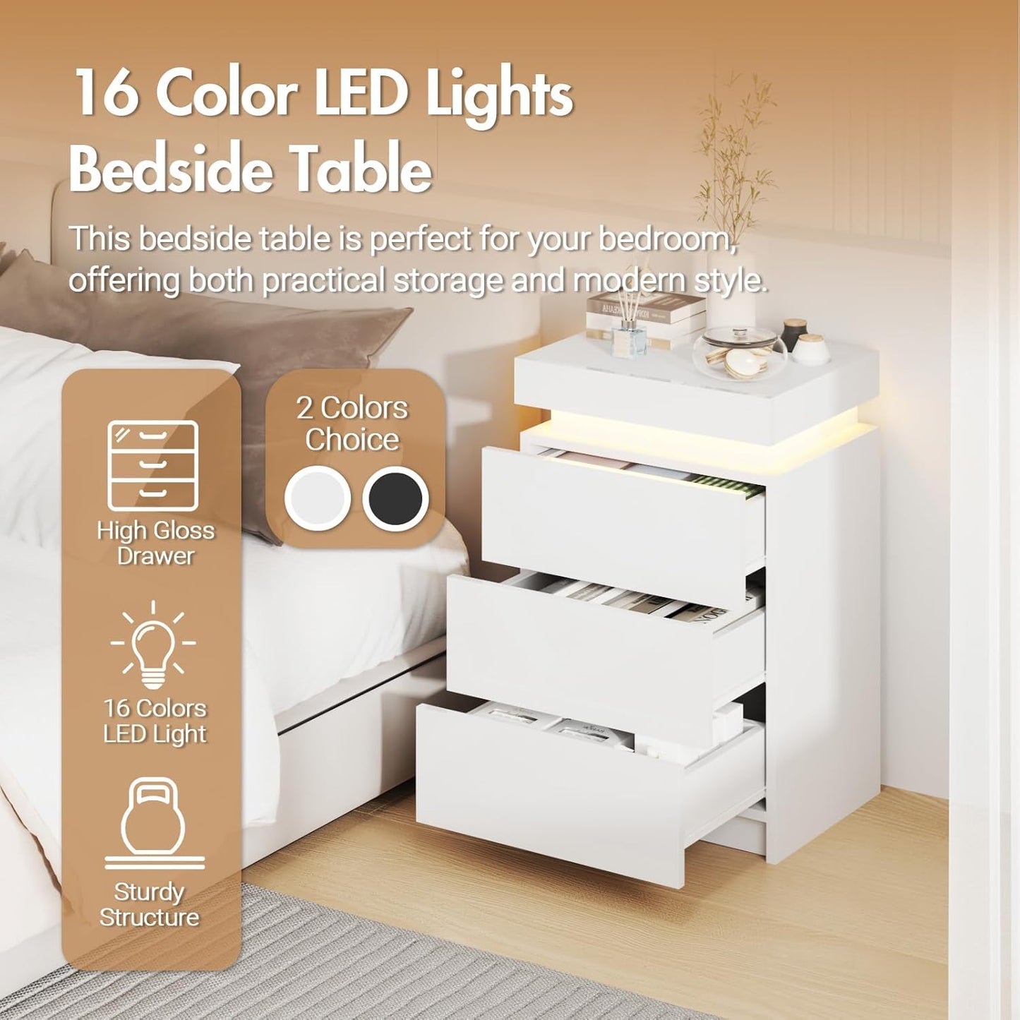 LED Bedside Table, Nightstand with Lift up Storage and 3 Drawers, Storage Cabinet for Bedroom Living Room, High Gloss White