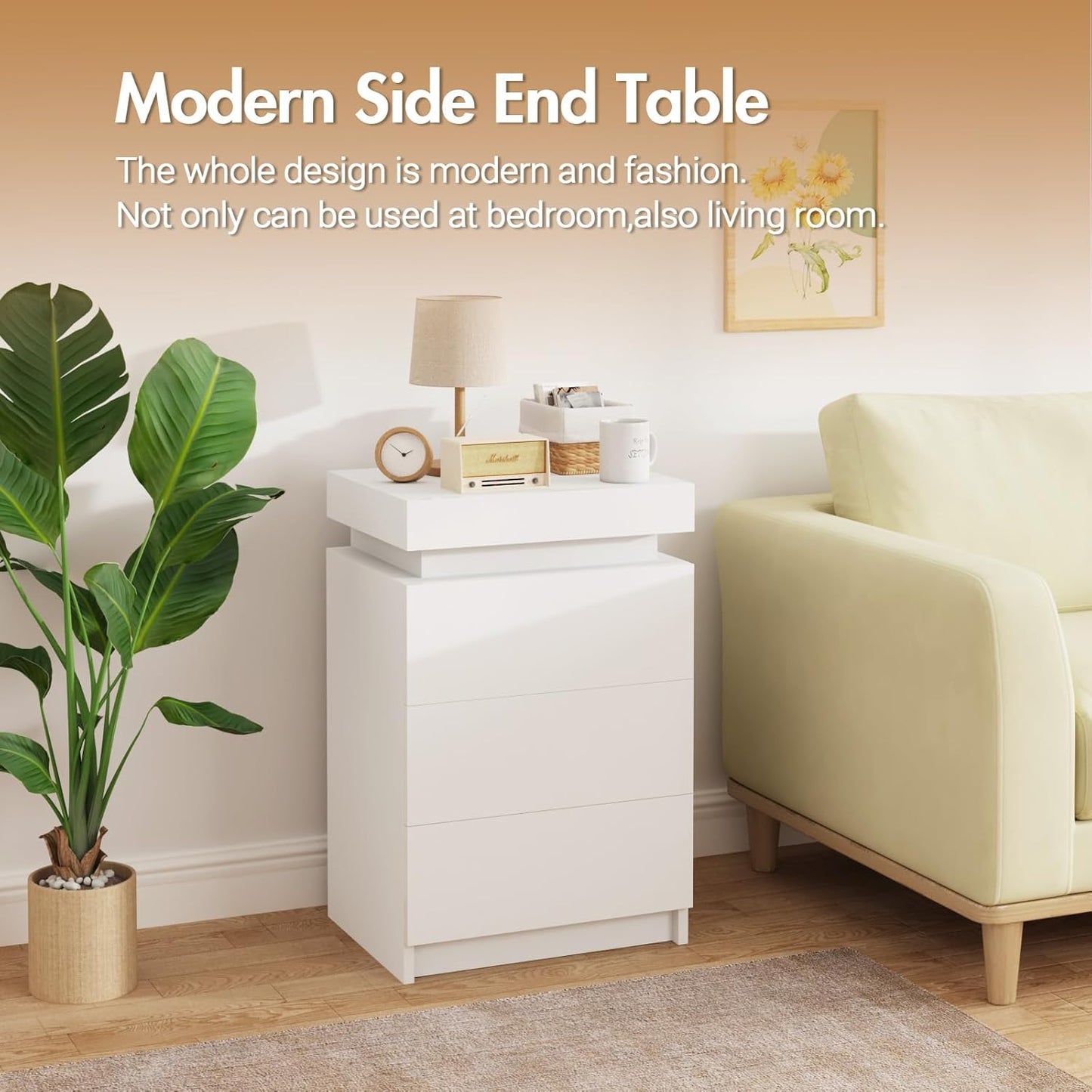 LED Bedside Table, Nightstand with Lift up Storage and 3 Drawers, Storage Cabinet for Bedroom Living Room, High Gloss White