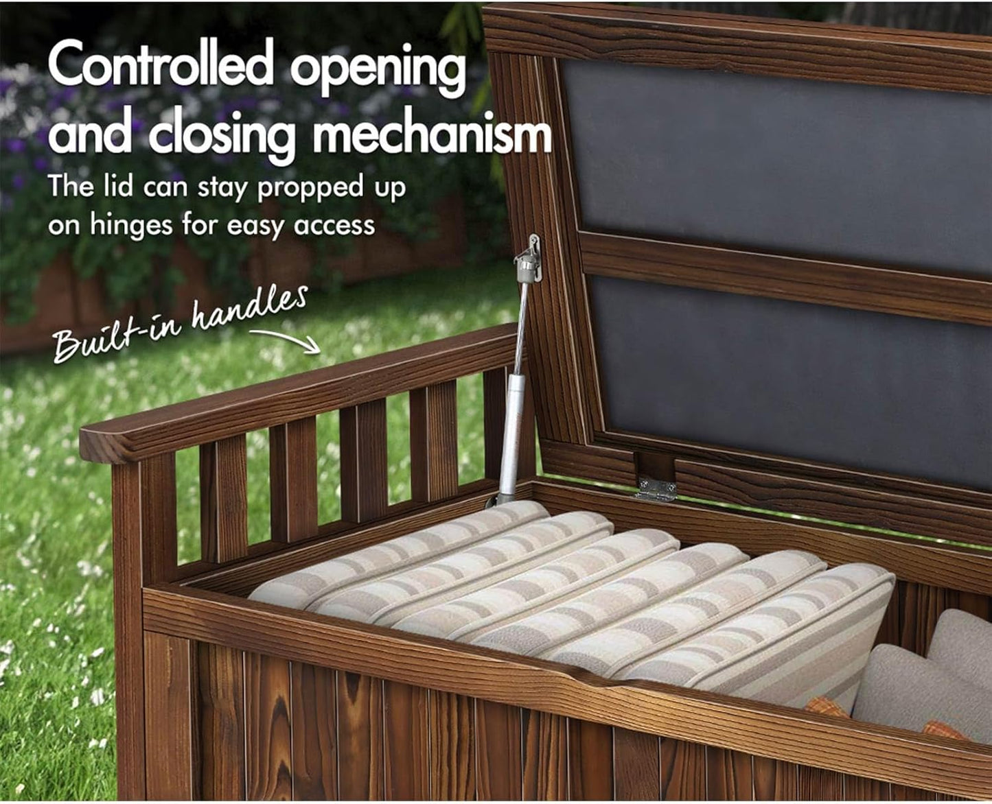 Outdoor Wooden Bench Storage Box, Durable Fir Wood Cabinet Garden Seat with 200L Storage Capacity, Tool Chest Toy Storages Container for Patio Garden Lawn Balcony, 320Kg Max, Charcoal