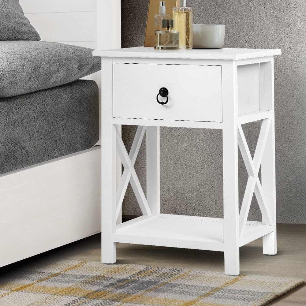Bedside Table Set of 2 Wooden Bed Side Tables Storage Small Narrow Desk Chest Drawers, with Drawer and Storage Layer, No Assembly Required