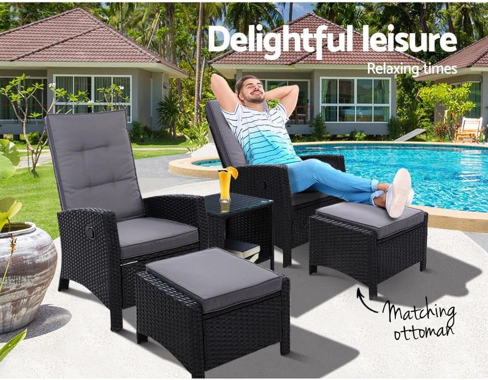 Recliner Chairs 5 Piece Wicker Sun Lounger Reclining, Outdoor Lounge Setting Patio Furniture Bistro Set Garden, with Coffee Table Cushions Ottoman Adjustable Backrest Glass Tabletop Black