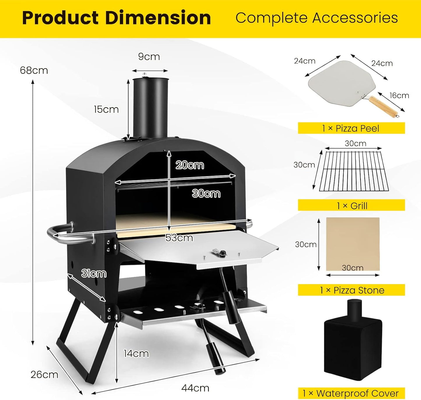 Portable Pizza Oven, Multi-Fuel Outdoor Pizza Maker W/Folding Legs & Portable Handles, 2-Tier Design, Adjustable Air Vents, Wood Fired Pizza Stove W/Pizza Stone, Pizza Peel, Waterproof Cover