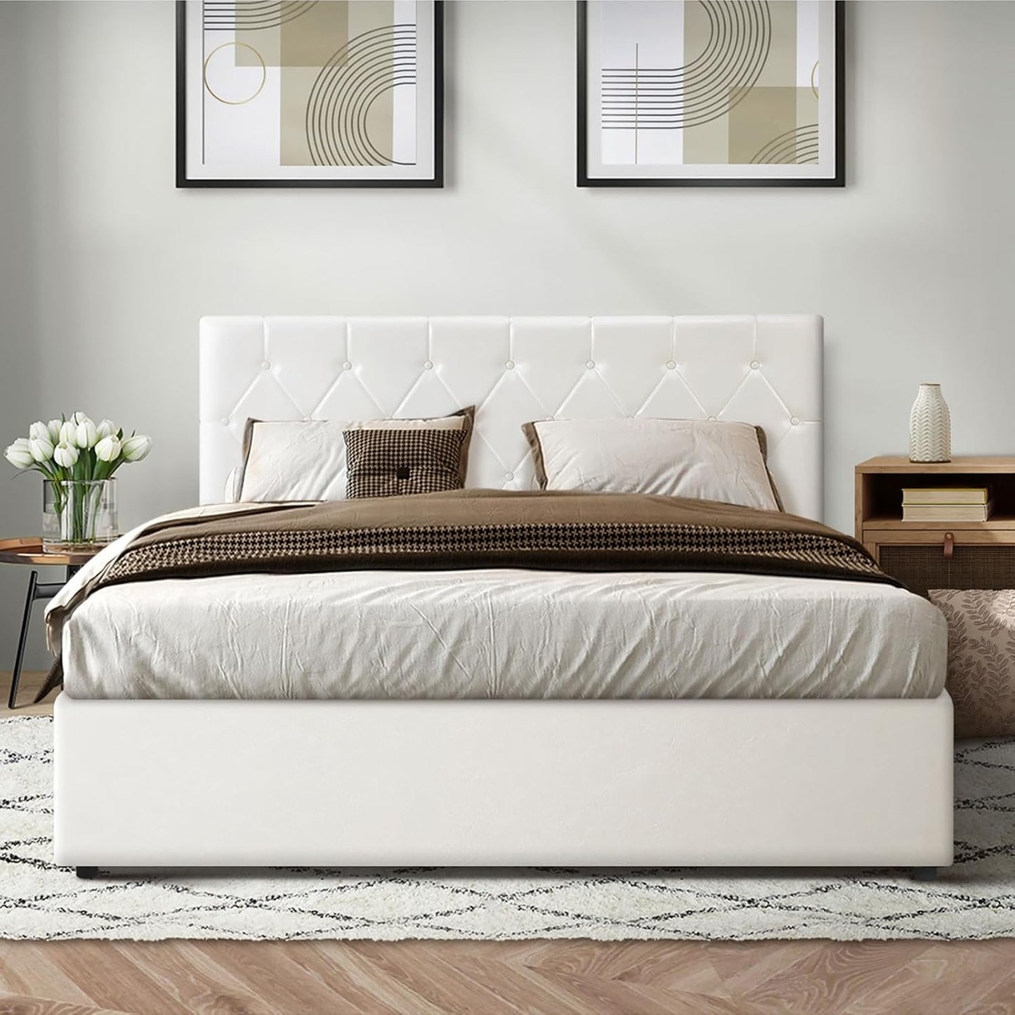 Queen Bed Frame with Storage and Gas Lift Leather Bed White