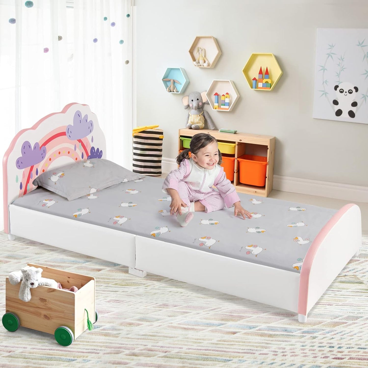 Single Bed Frames for Kids, Wood Upholstered Twin Bed Platform with Slat Support, Padded Headboard & Footboard, Girls & Boys Bed for over 3 Years Old, Fits Standard Twin Mattress (Cloud)