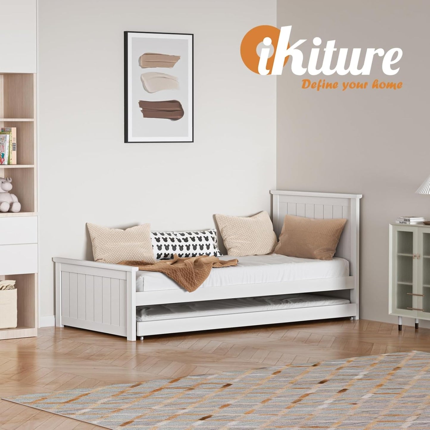 Single Bed Frame Wooden Bed Frame Timber Single Bed Frame with Trundle, Twin Bed, White