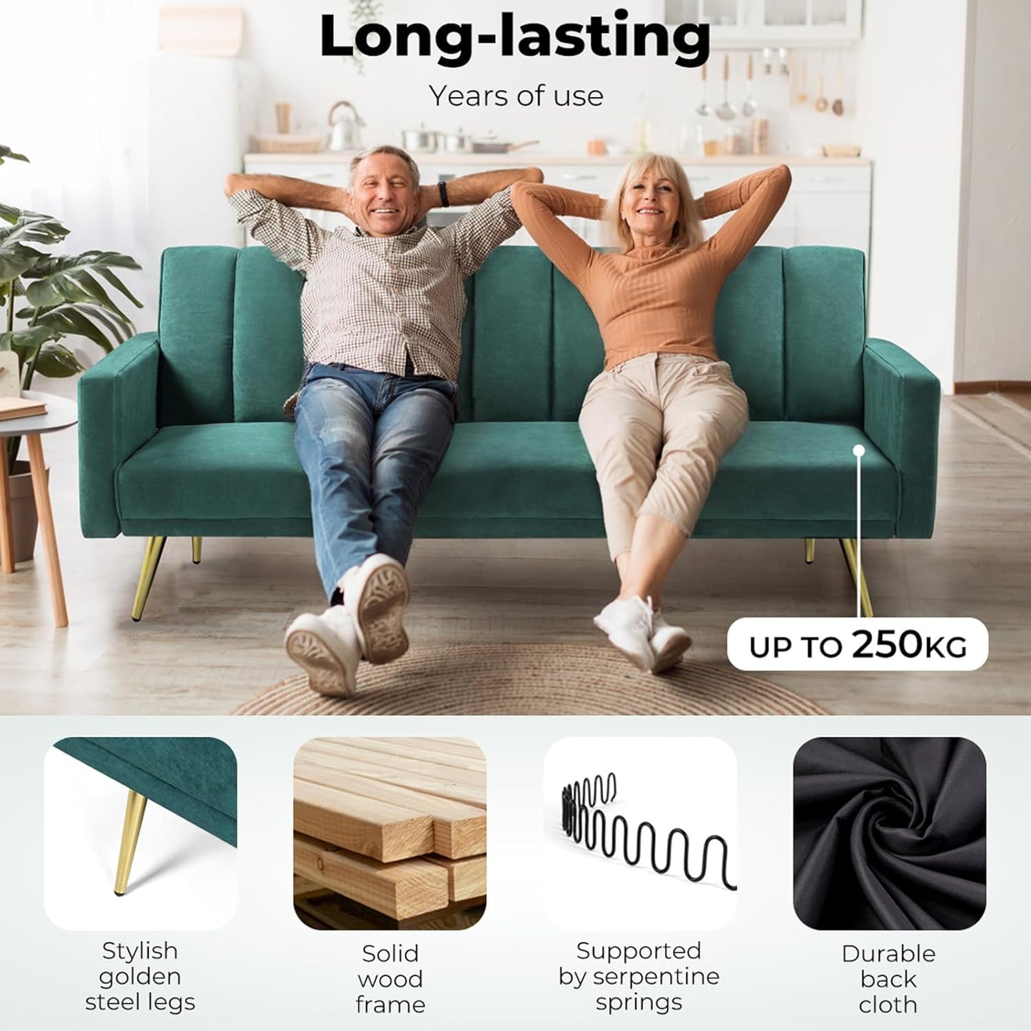 3 Seater Sofa Bed Convertible, Velvet Loveseat Sofa Couch, Recliner Sofa Lounge with 3 Adjustable Backrest Positions, Spare Bed for Guest, Load up to 220Kg (197Cm, Green)