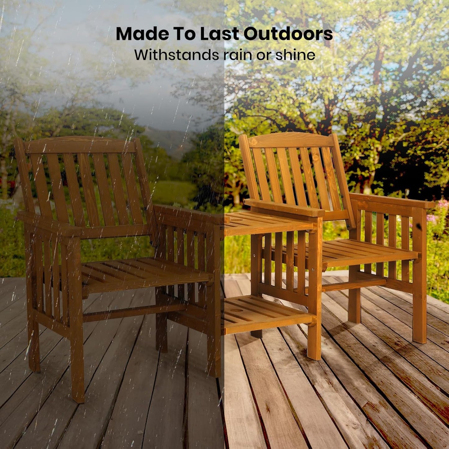 Wooden Outdoor Loveseats and Table Set - Fir Wood Twin Seats and Integrated Table Patio Conversation Set with 2-Seater Armchairs and Coffee Table Durable Garden Bench Furniture - White