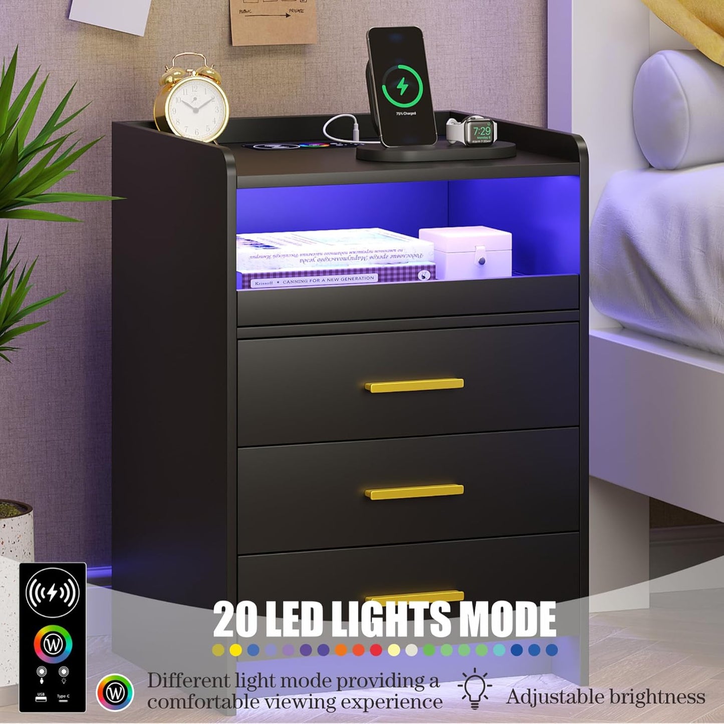 Nightstand with Wireless Charging Station Bedside Table with RGB Light & Human Sensor Design 3 Drawers LED Modern Night Stand End Table for Bedroom, Black