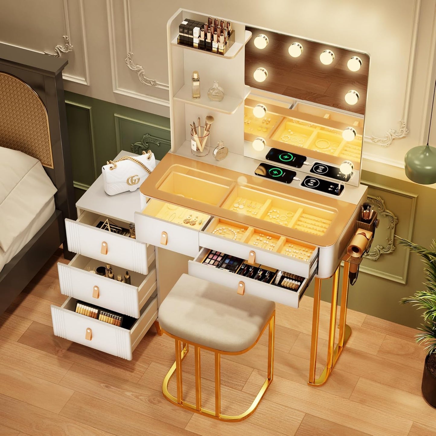 Vanity Table with Mirror and Lights with Drawers & 2 Shelves with 10 Light Bulbs/Charging Station, White