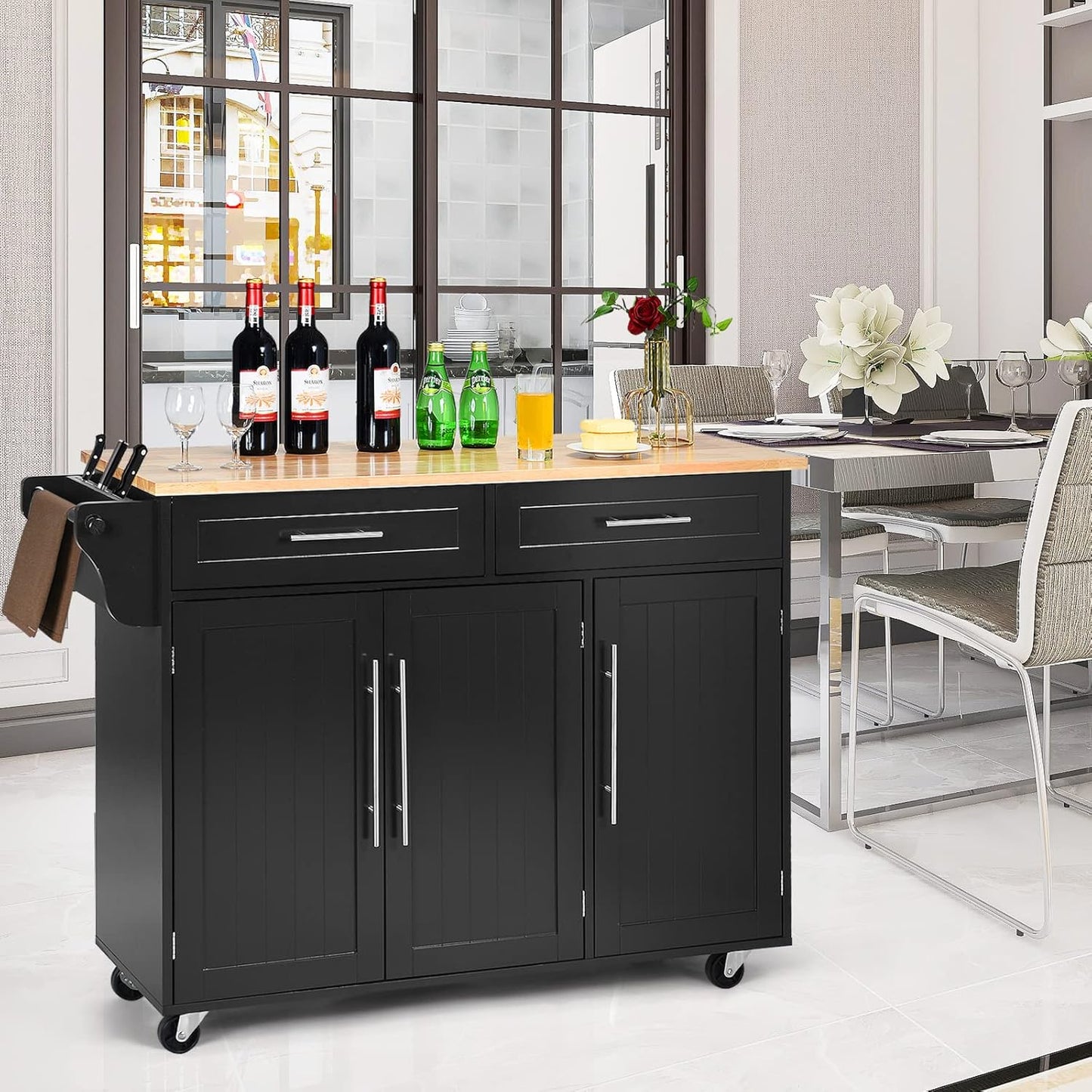 Mobile Kitchen Island Cart, Rolling Storage Trolley with Towel Bar, 2 Deep Drawers, 3 Door Cabinets, Swivel Casters, Rubber Wood Top, for Kitchen Dining Room (Black)