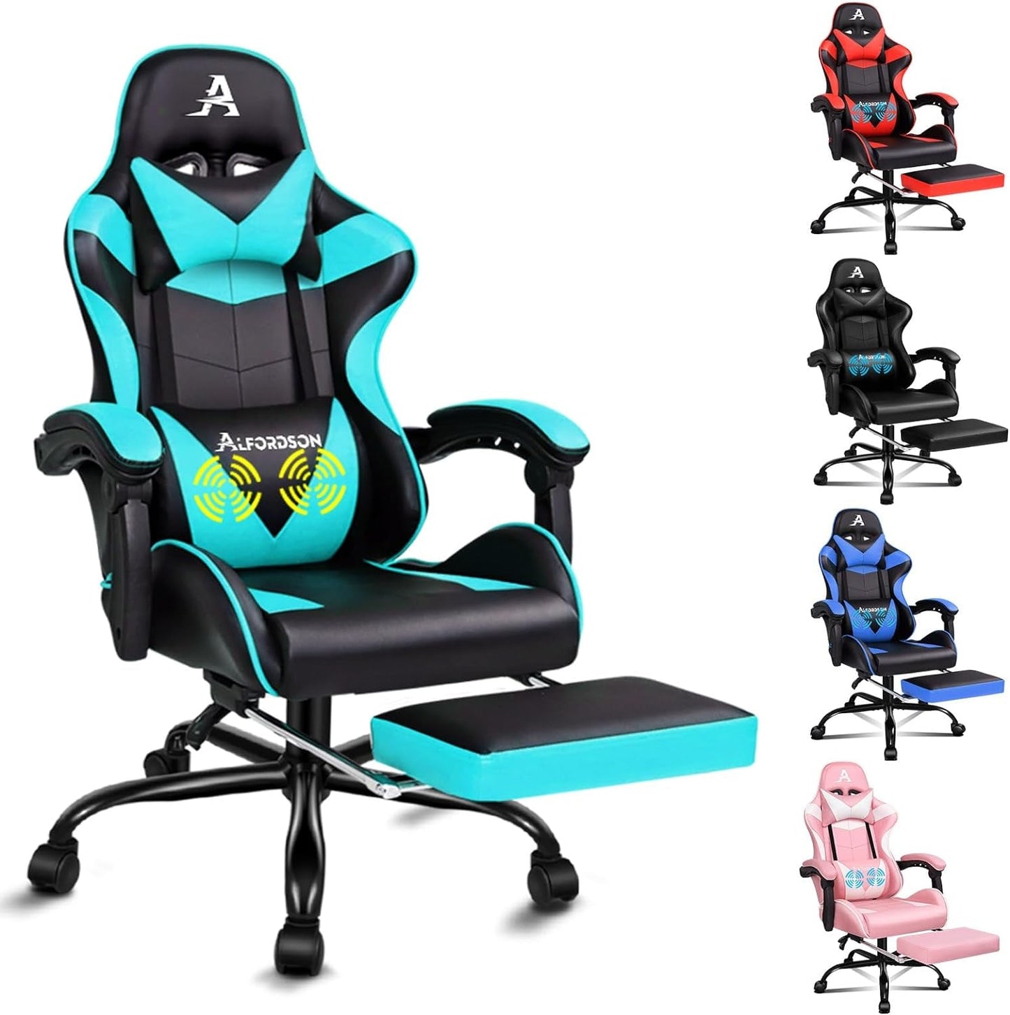 ALFORDSON Gaming Chair with Massage and 150° Recline, Ergonomic Executive Office Chair PU Leather with Footrest, Height Adjustable Racing Chair with SGS Listed Gas-Lift, Max 180Kg (Cyan)