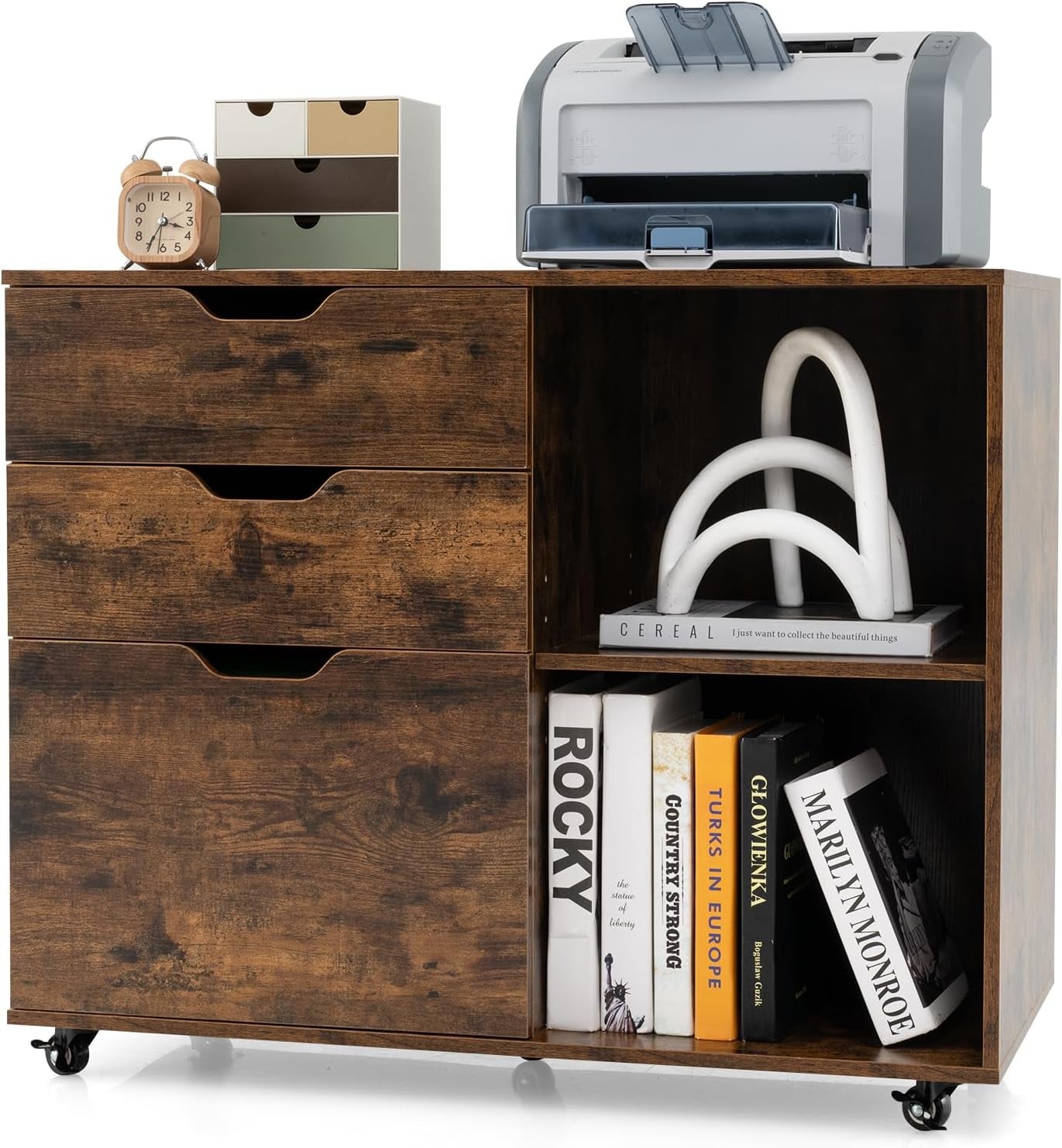 Giantex 3-Drawer File Cabinet, Mobile Printer Stand Cabinet with Adjustable Shelf, Rolling Lateral Filing Cabinet with Wheels for Letter, A4, Legal Size, for Home Office Organization (Black)