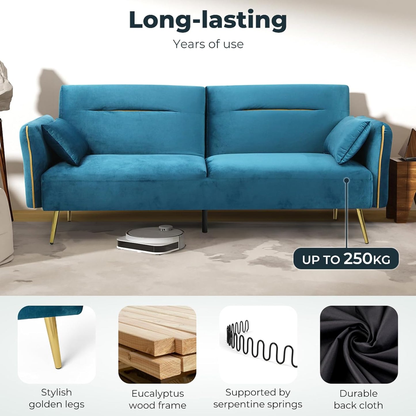 3 Seater Sofa Bed, Convertible Velvet Lounge Futon Couch with Recliner, Adjustable 3 Level Backrest with 2 Throw Pillow, Golden Legs for Small Spaces(198Cm X 80Cm X 83Cm, Peacock Blue)