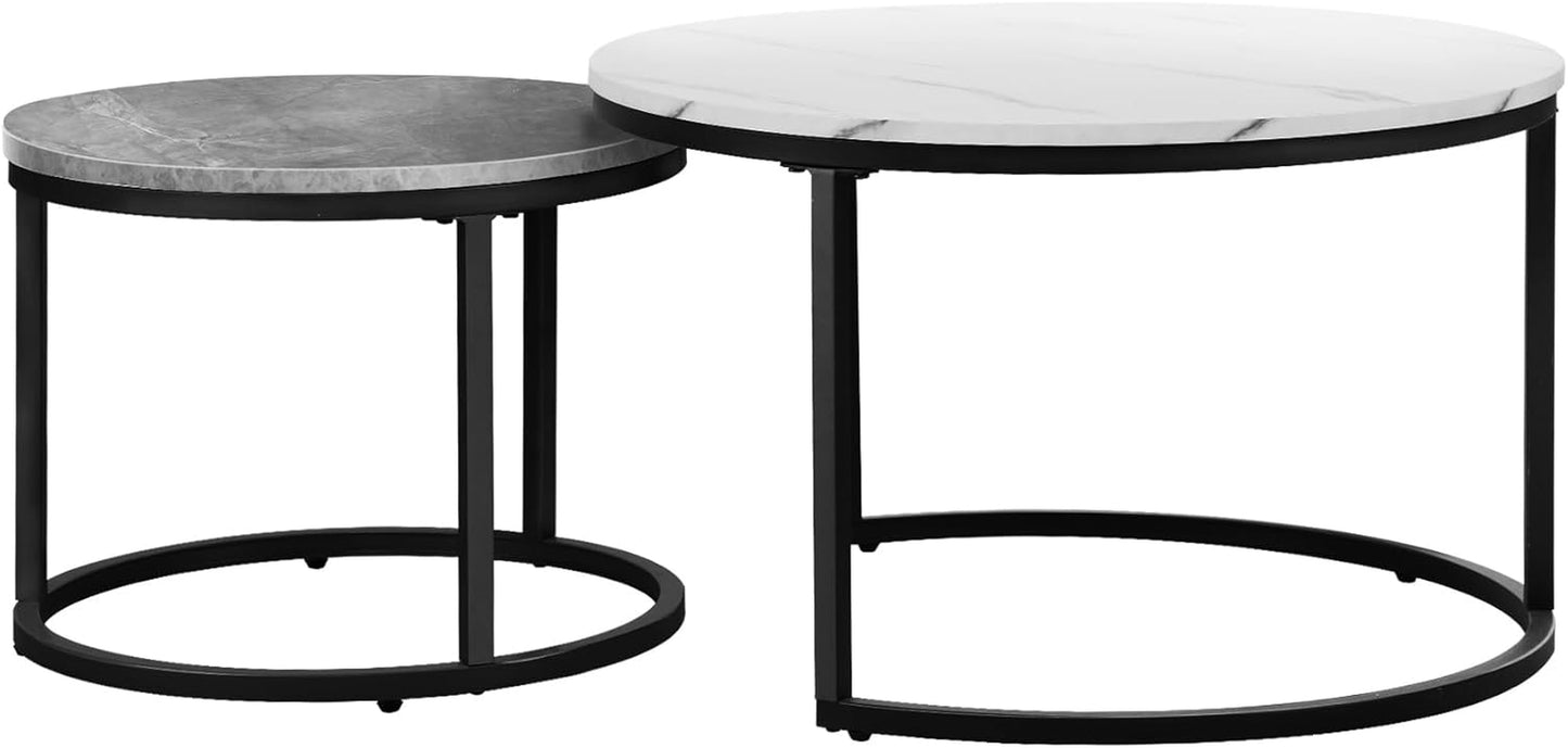 Round Coffee Table Set of 2 Marble Coffee Table Side Nesting Table White and Grey