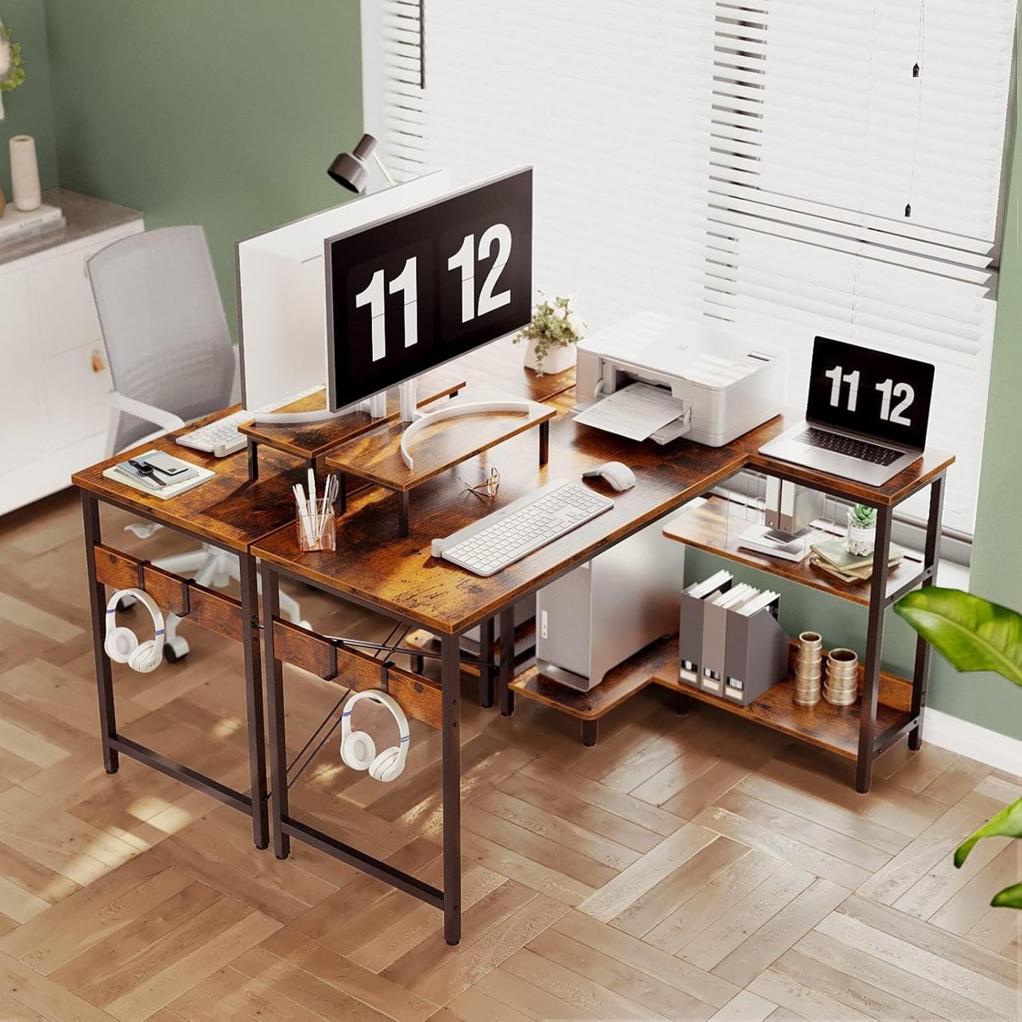 ODK L Shaped Computer Desk with Reversible Storage Shelves, L-Shaped Desk 118 * 80 * 86.4Cm Corner Desk with Monitor Stand for Small Space, Modern Writing Table for Home Office Desk, Rustic Brown