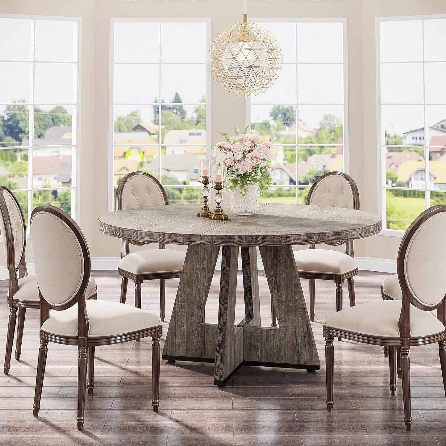 Round Dining Table Wood Kitchen Table for Dining Room Living Room, 47 Inches Dining Room Tables for 4 Person, Farmhouse Dinner Table with Wooden Table Top and Legs, Rustic Grey(Only Table)