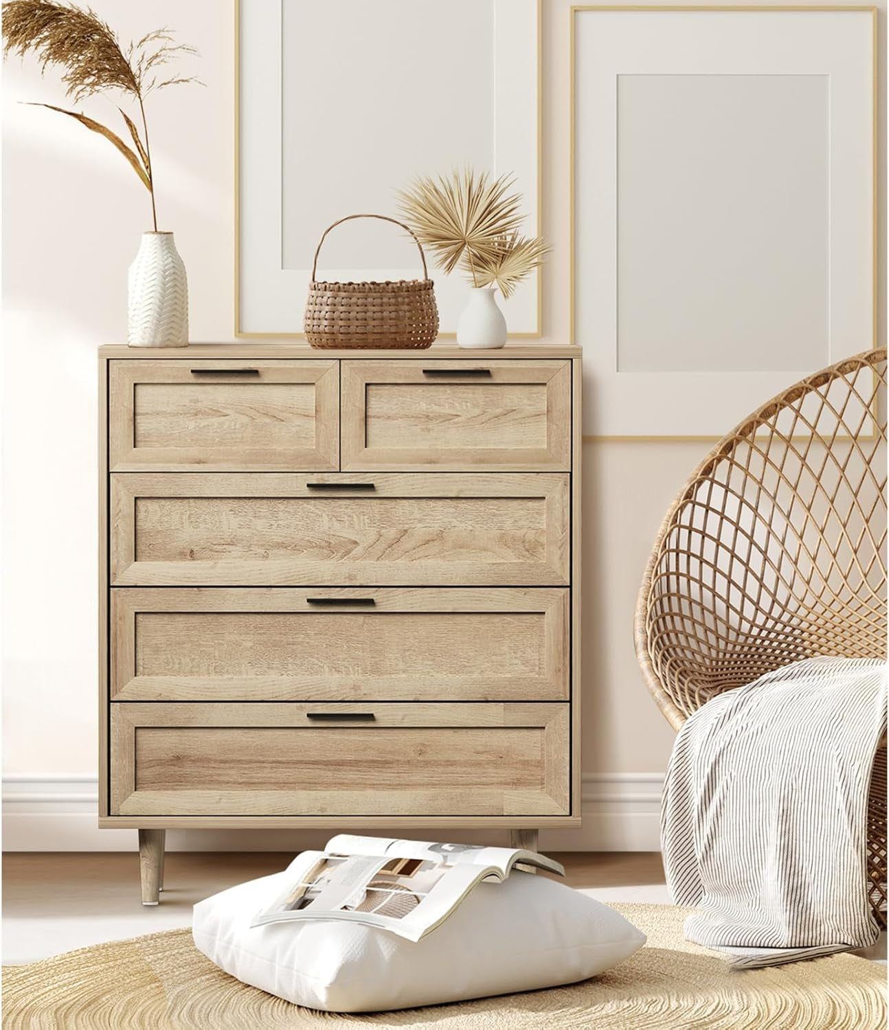 Chest of Drawers Dresser with 5 Storage Cabinet Tallboy Natural