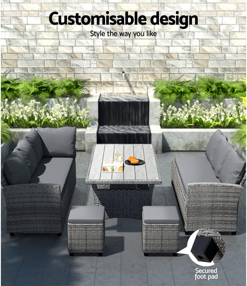 8 Seater Rattan Outdoor Table and Chairs Lounge Set Wicker Dining Tables Chair Setting Sofa, Patio Furniture Garden Backyard, Weather-Resistant Cushions Pillows Grey with Ottoman