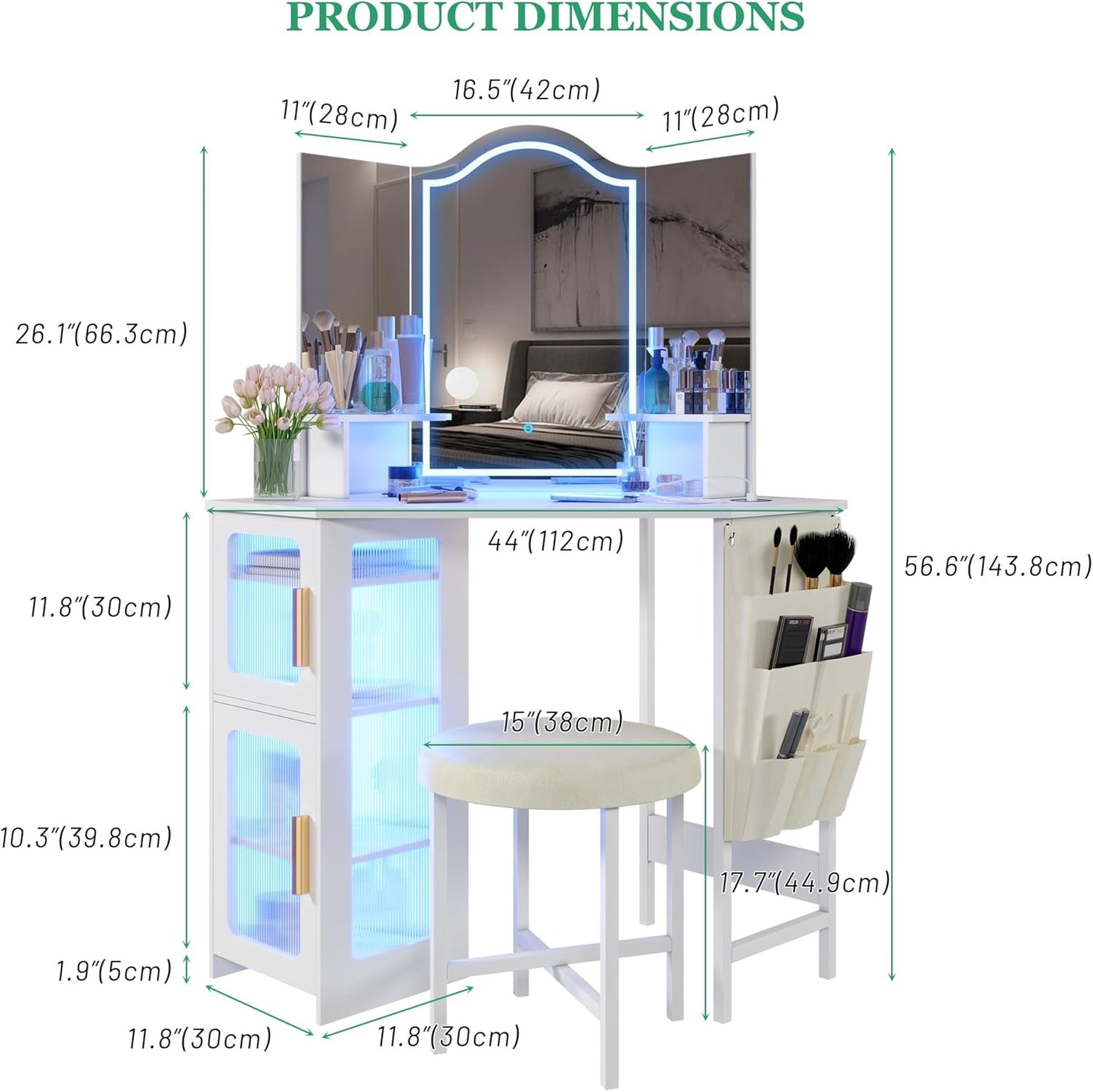 Dressing Table with Mirror and Lights, Charging Station, Corner Makeup Vanity with Storage Cabinet and Shelves, Modern Vanity Set with Stool for Bedroom (White)