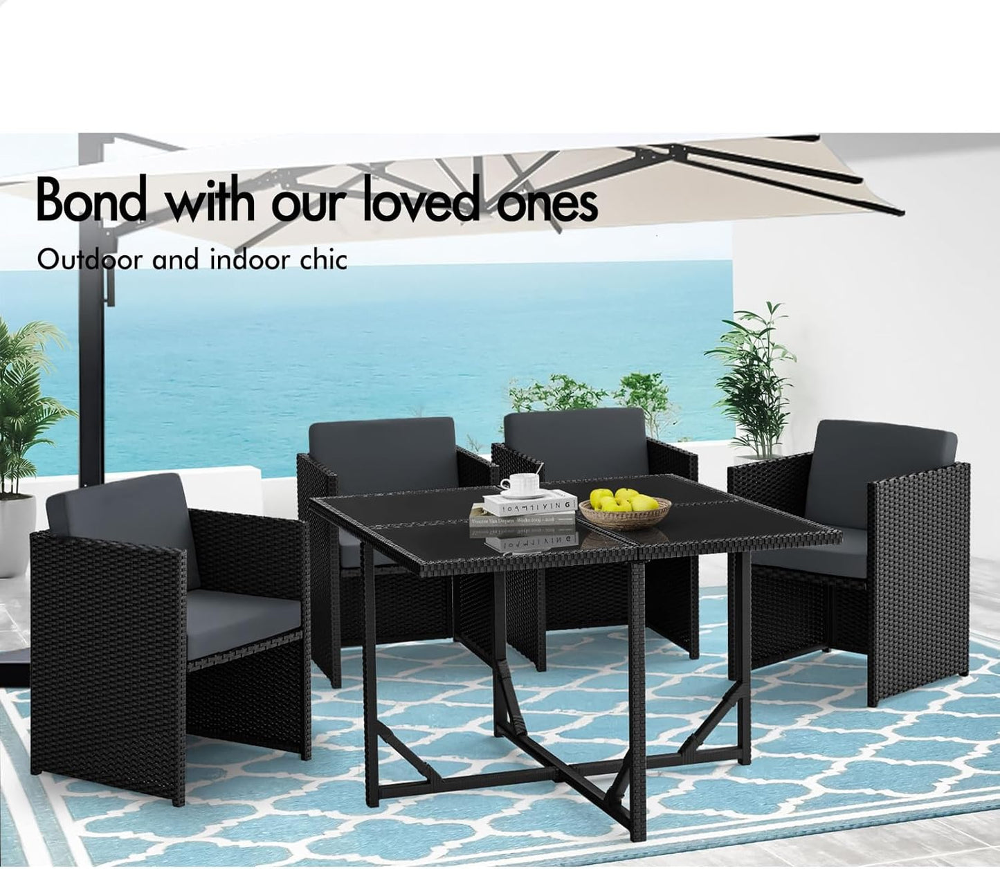 5Pcs Outdoor Dining Set Patio Furniture Garden Armchair, PE Wicker Rattan Lounge Chair and Glass Top Table with Steel Frame & Cushions, Uv-Resistant Conversation Sofa Set with Storage Cover