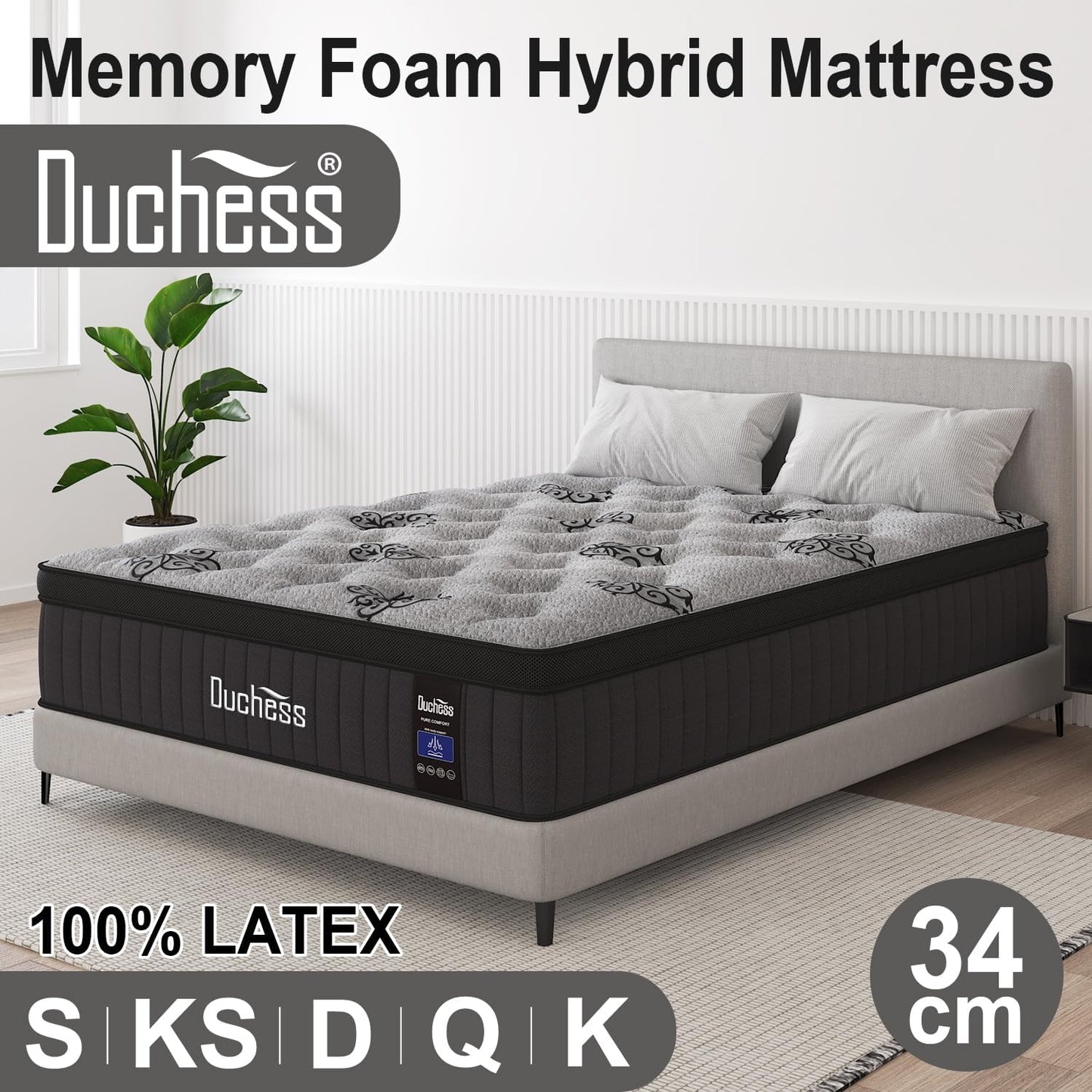 Duchess Queen Mattress,34Cm Hybrid Mattress Pressure Relief Breathable Reinforced Edge Support Individually Wrapped Pocket Spring Motion Isolation