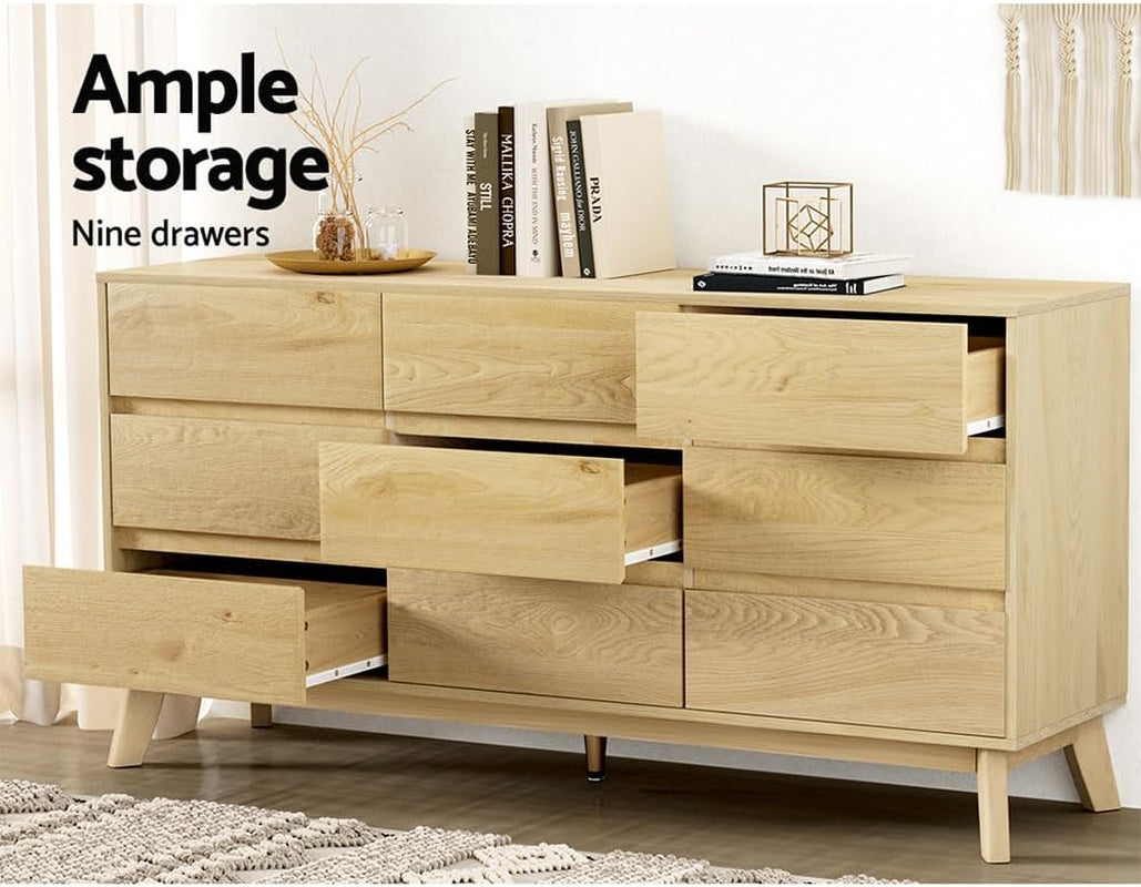 Chest of Drawers with 9 Drawer, Oak Wood Dresser Tallboy Storage Cabinet Board Side Tables Desk