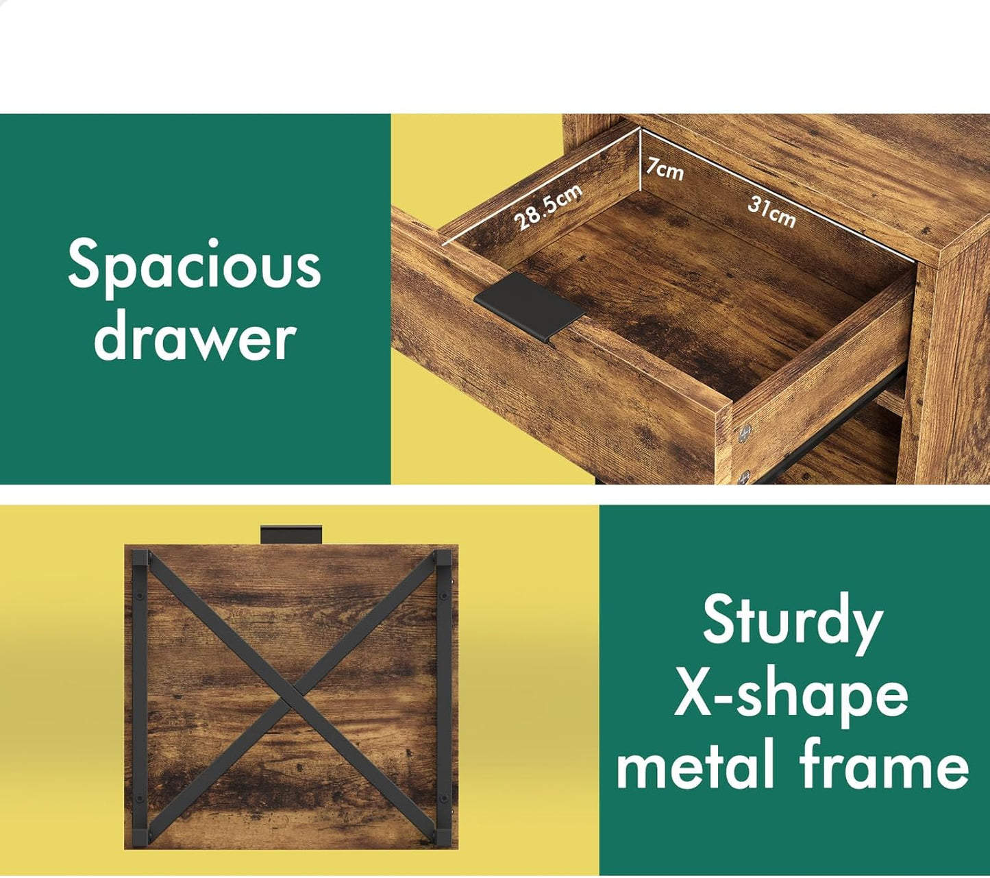 Wooden Bedside Table with Metal Frame Base, Compact Nightstand with Drawer and Shelf, 40 X 39.5 X 50.5Cm, Wood