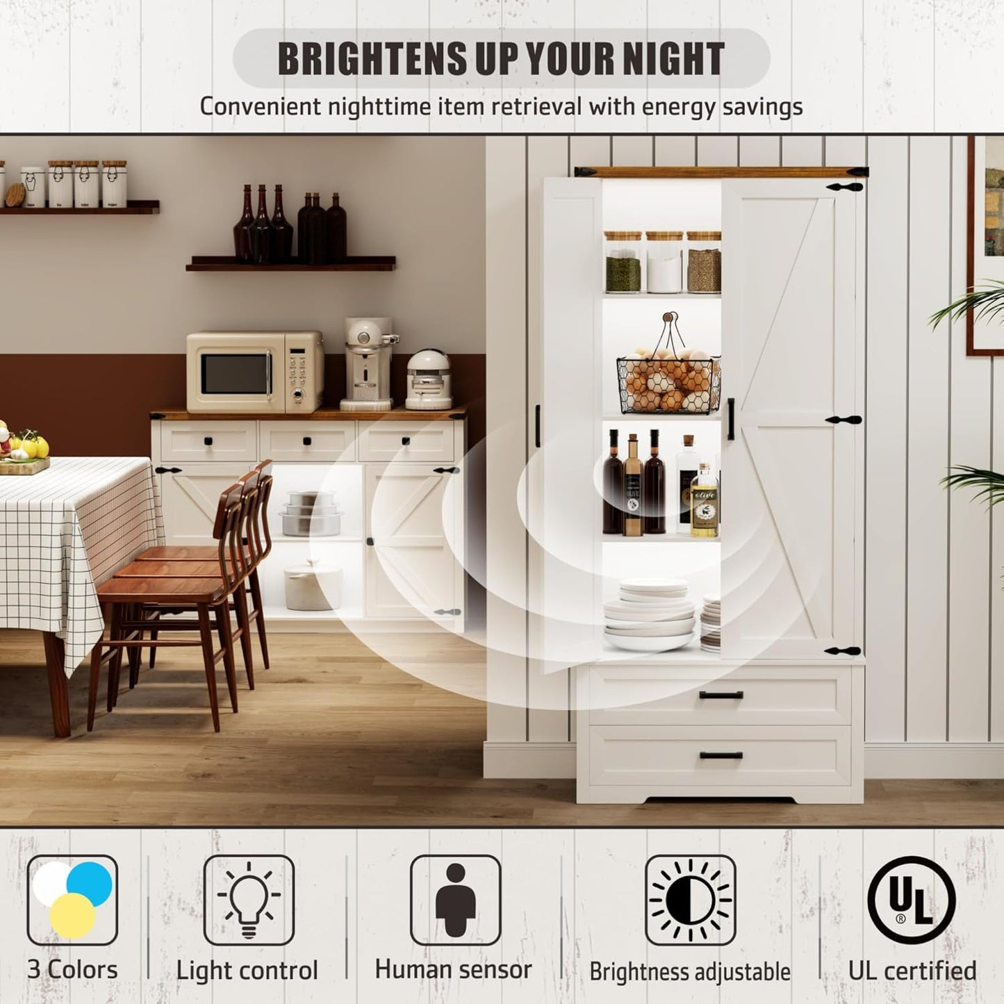 Farmhouse Storage Cabinet with Adjustable Shelves, 69" Tall Pantry Cabinet with 2 Drawers & Doors, Wood Storage with LED Light for Kitchen, Dining Room, Bathroom, Utility Room, White