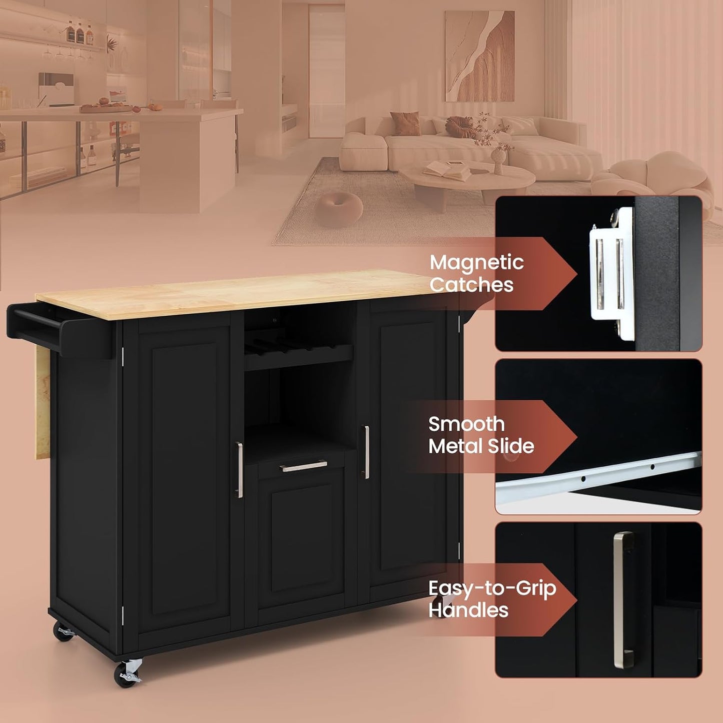 Rolling Kitchen Island Cart, Large Kitchen Island W/Drop-Leaf Countertop & 4 Rotatable Casters, Kitchen Trolley Cart with Deep Drawer, Open Wine Bottle Rack & Towel Bar (Black)