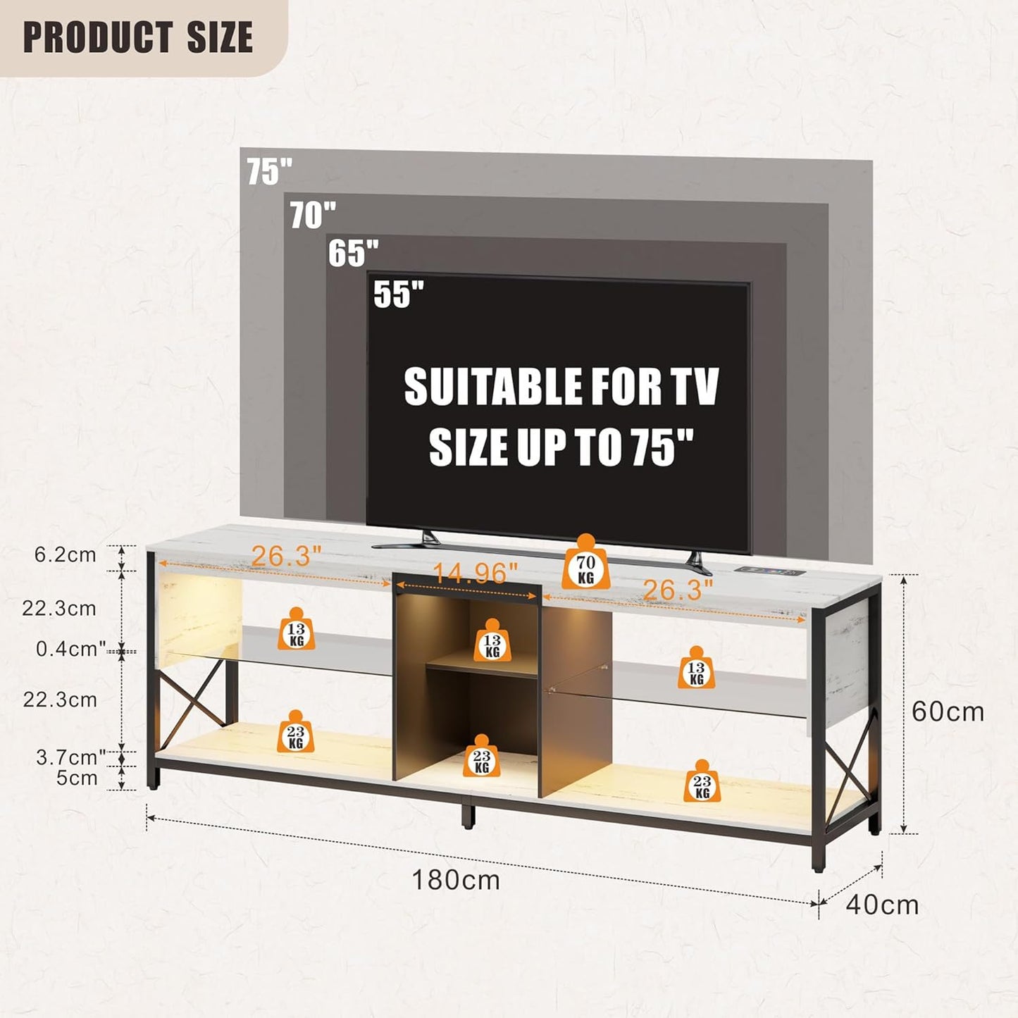 Dystler LED TV Stand for 55/60/65/75 Inch Tv,Smart Gaming Entertainment Center with Wireless Charging Station,Modern TV Cabinet with Adjustable Glass Shelves for Living Room, Bedroom 58 Inch,White