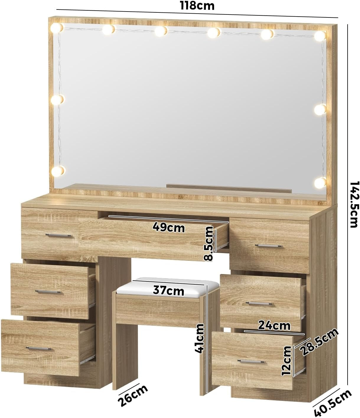 Dressing Table with Extra Biggest Mirror 113Cm Makeup Mirror Vanity Desk with 7 Storage Drawers and Stool Wood