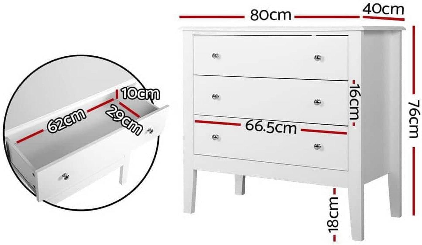 Chest of Drawers 3 Drawer White Tallboy