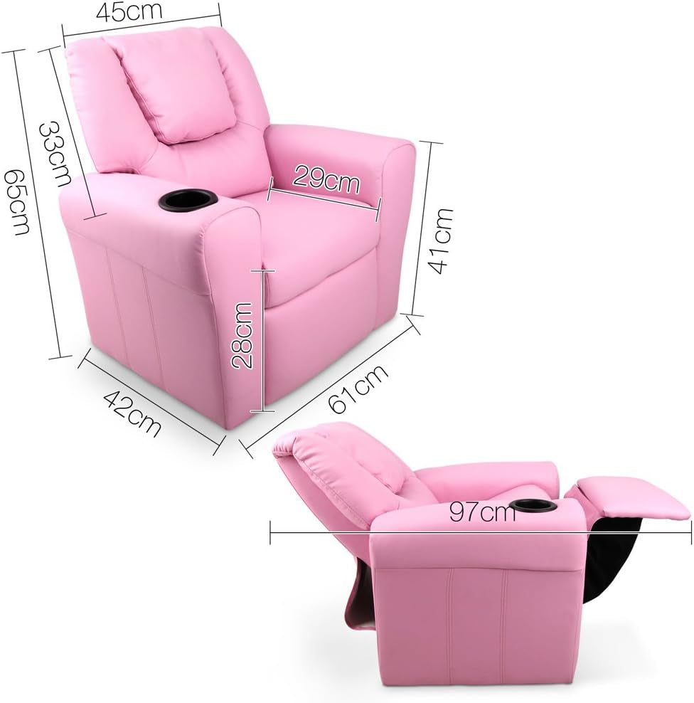 Keezi Kids Recliner Chair, PU Leather Sofa Couch Armchair Loungefly Outdoor Lounge Chairs Home Bedroom Living Room Playroom Children Furniture, with 9Cm Thick Foam Adjustable Precise Recline Pink