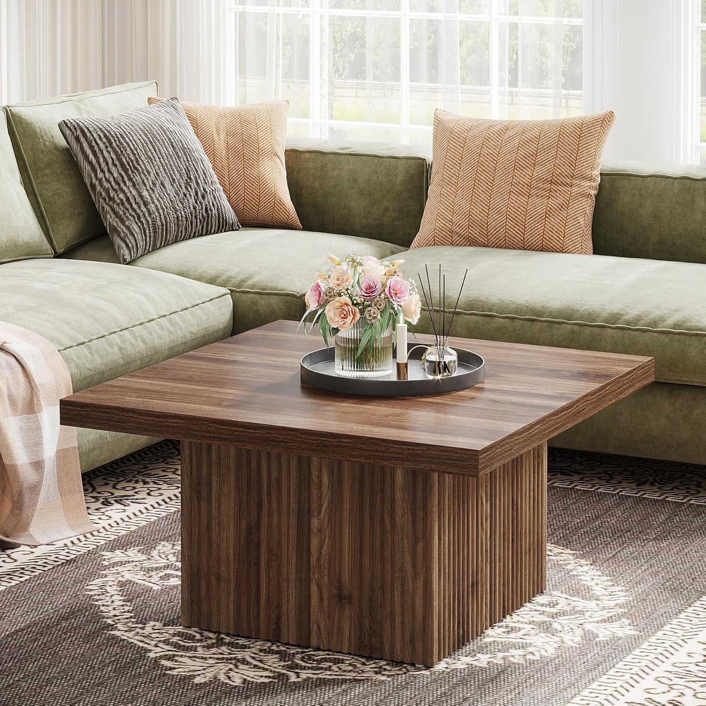 Square Coffee Table, 31.5-Inch Engineered Wood Coffee Table for Living Room, Vintage Brown Center Table, Large Mid-Century Modern Cocktail Table