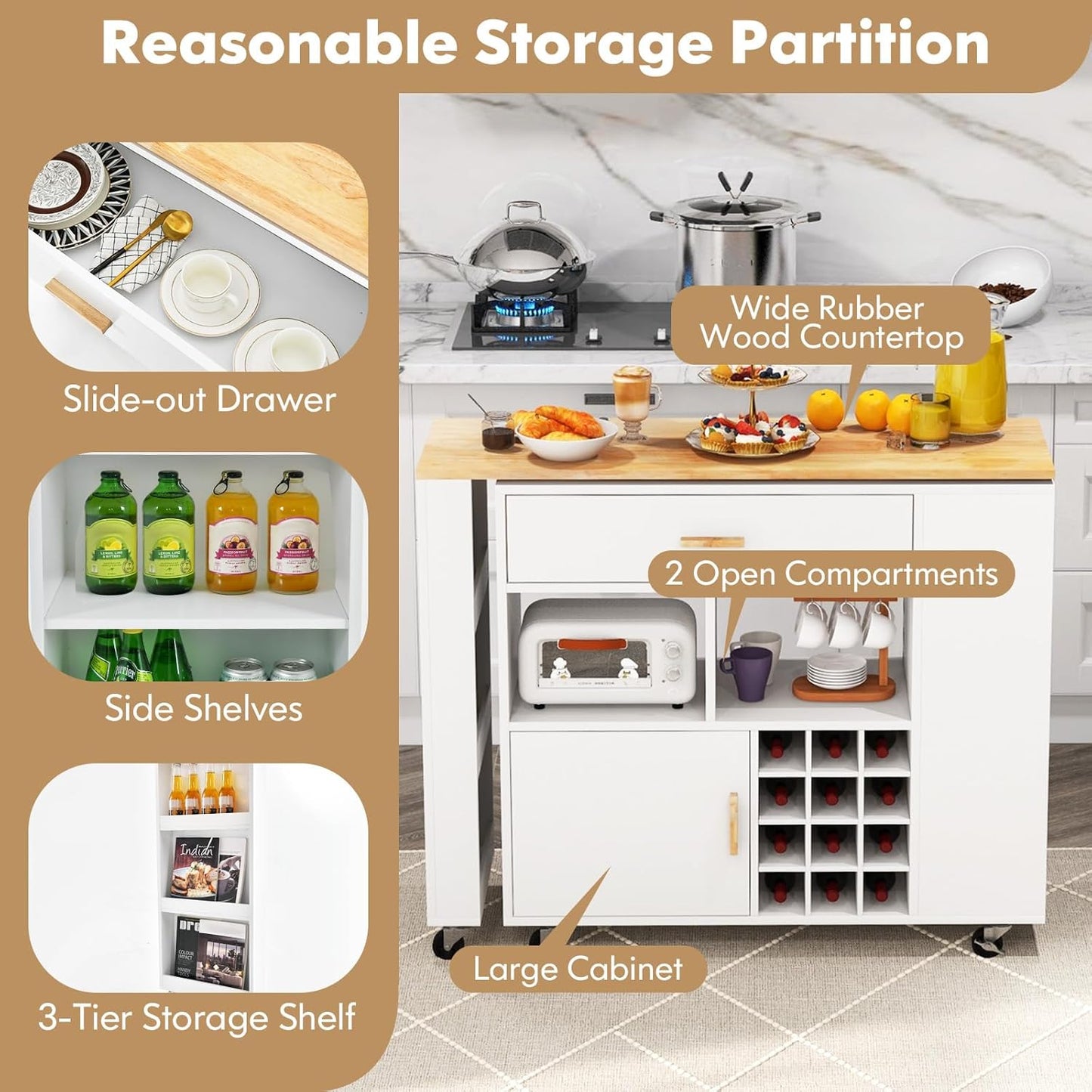 Kitchen Island Cart Bar Table Combo, 2-In-1 Reversible Mobile Serving Cart, Rubber Wood Top, Adjustable Shelf, 12-Bottle Wine Rack, Drawer, Spice Rack, Island Trolley Storage Cart, White