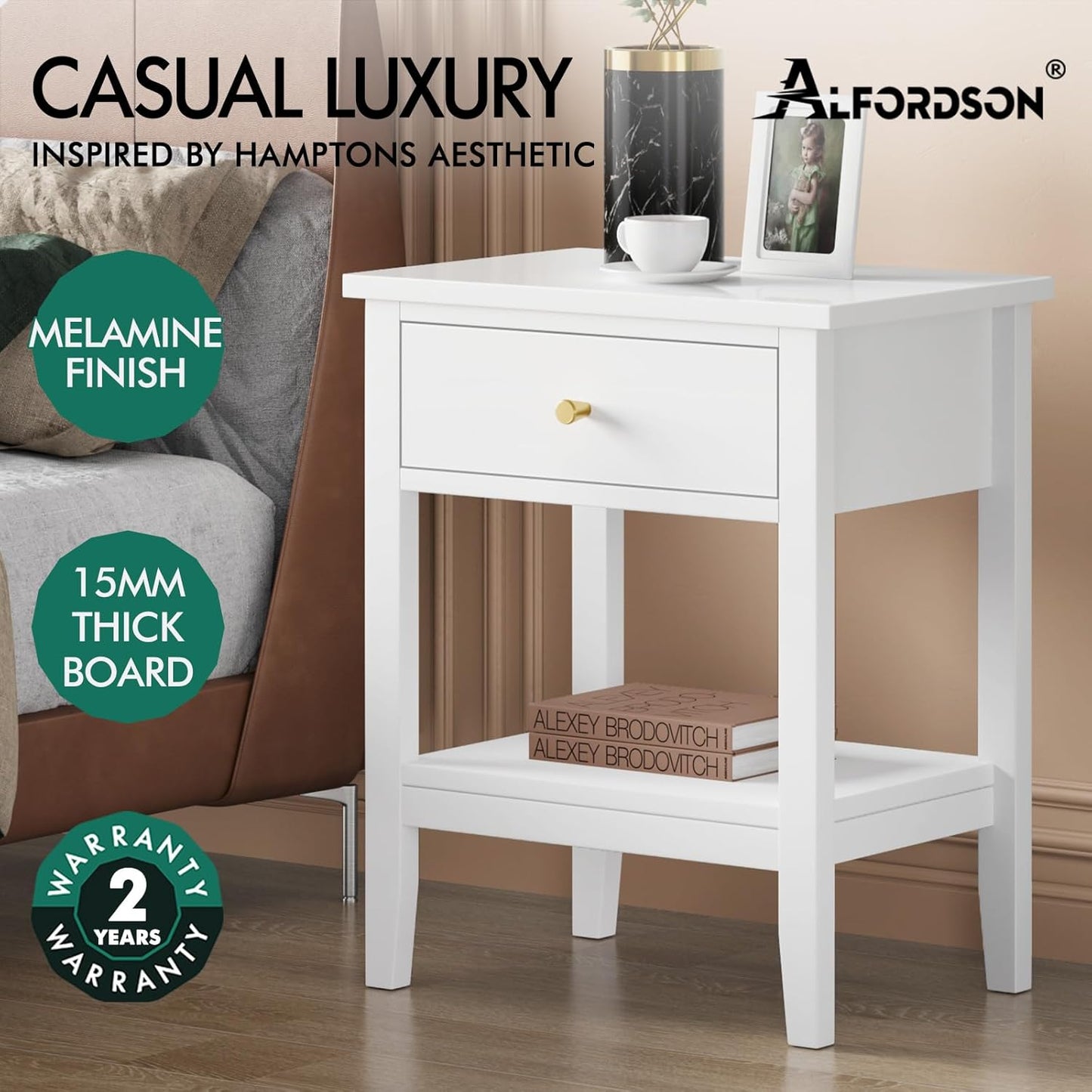 ALFORDSON Bedside Table with Drawer 50Cm X 35Cm X 60Cm, Modern Nightstand with Storage Drawer and Open Display Shelf Hamptons Style (White)
