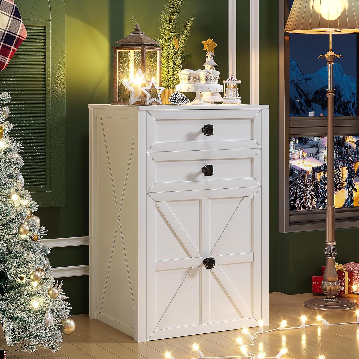 Farmhouse Vanity Desk with Mirror&Lights, 3 in 1 Small Makeup Vanity Set with Stool, Space-Saving Makeup Vanity with Storage Compartment, Dressing Table for Bedroom/Cloakroom, White