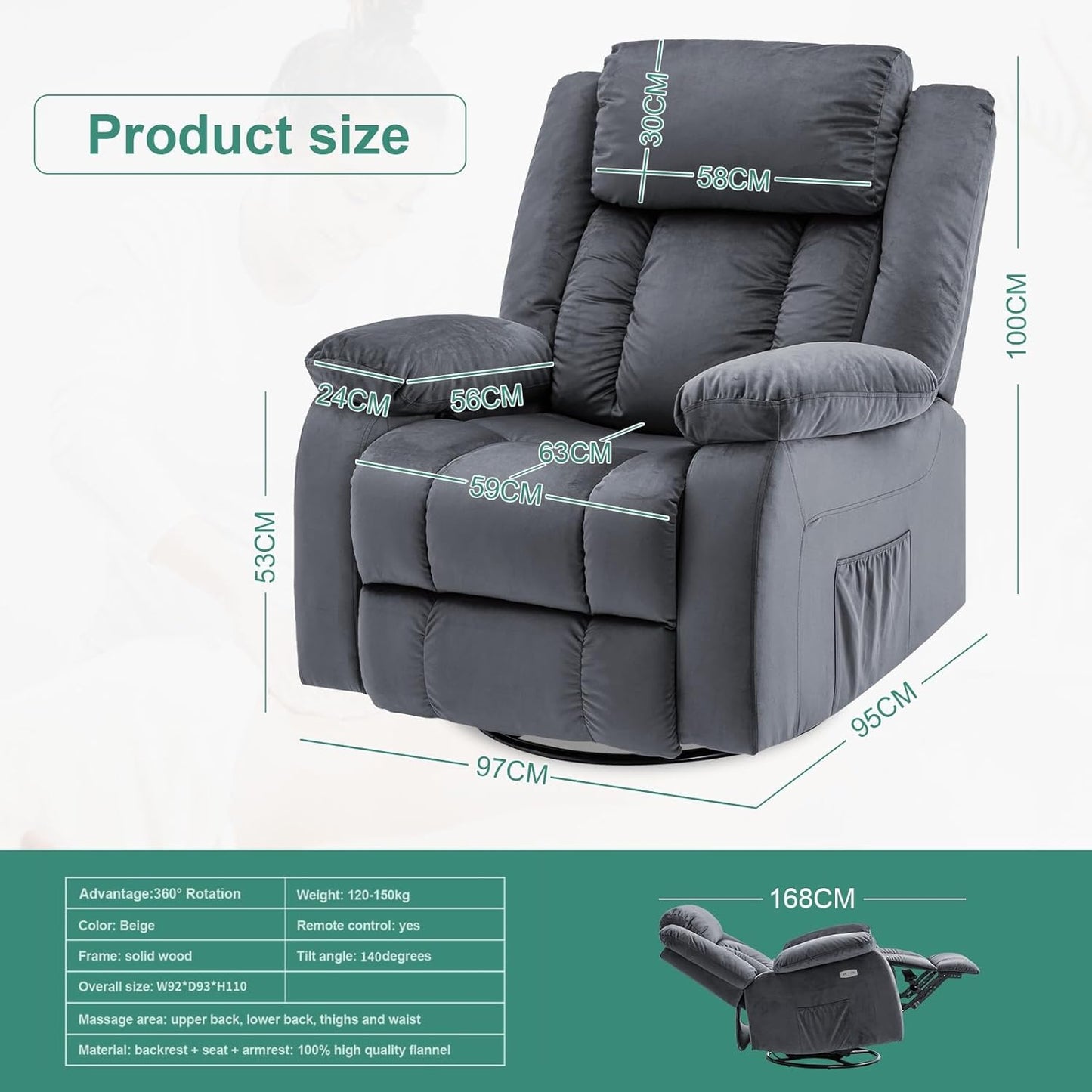 Ufurniture Massage Recliner Chair 140°Tilt 8 Point Heated Vibration Dark Gray Recliner Chair for Adults 360 ° Rotate Circular Base with Side Pocket