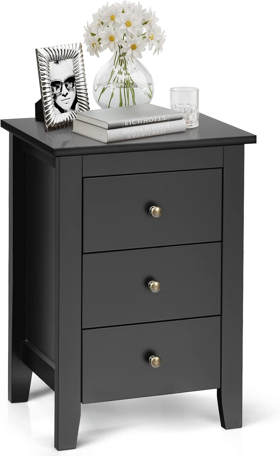 Giantex 2PCS End Side Table, Nightstand W/ 3 Drawers, Modern Bedside Cabinet, Wooden End Table W/Sturdy Structure, Accent Table W/Solid Wood Legs, Bedside Table Sofa Side Table for Bedroom Living Room