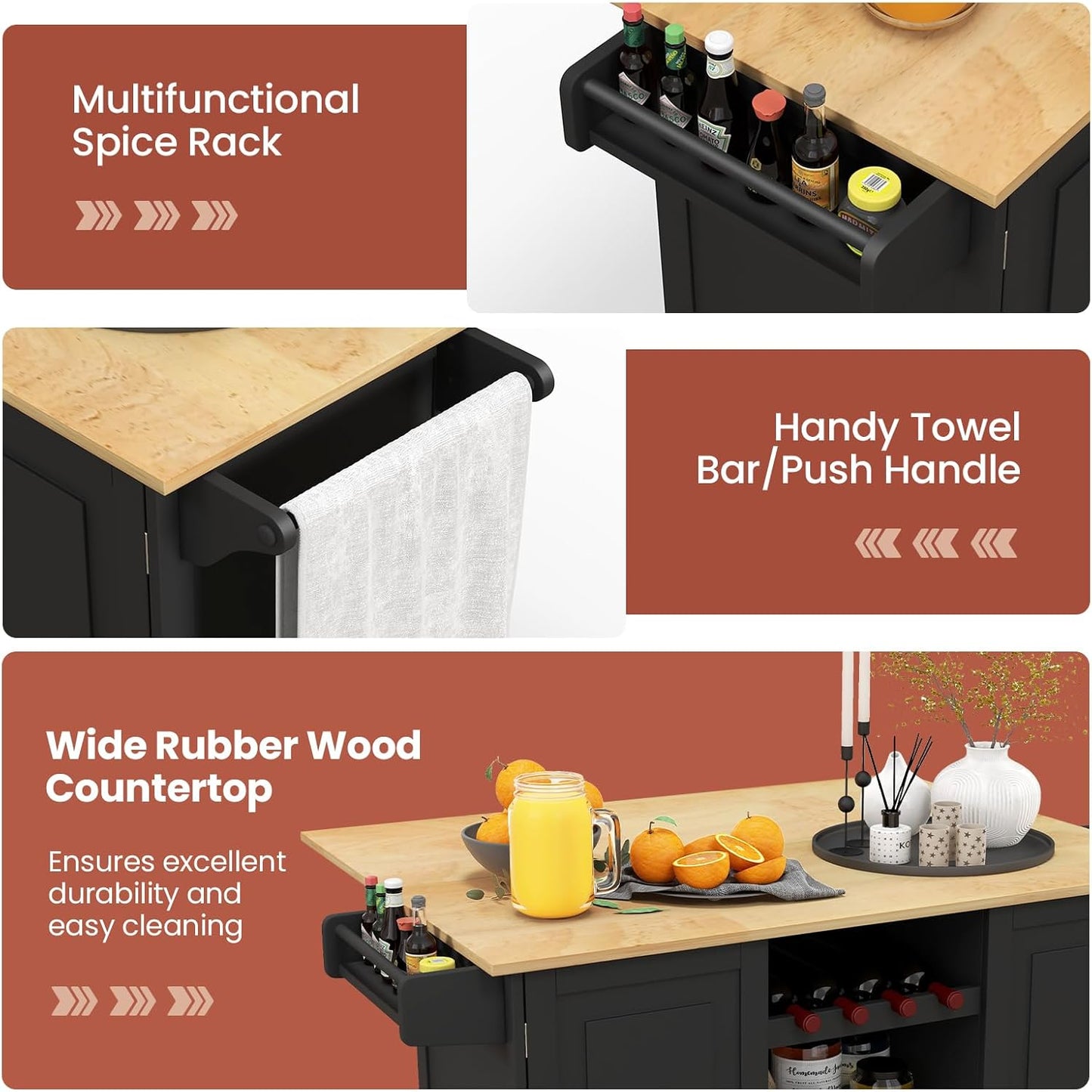 Rolling Kitchen Island Cart, Large Kitchen Island W/Drop-Leaf Countertop & 4 Rotatable Casters, Kitchen Trolley Cart with Deep Drawer, Open Wine Bottle Rack & Towel Bar (Black)